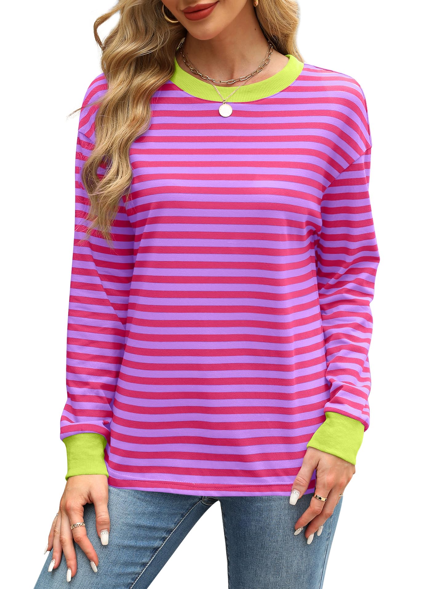 WIHOLL Women's Long Sleeve Striped Tunic Top - Crewneck Casual Blouse for Work, Office & Everyday Wear | Comfortable & Stylish Plus Size Tops