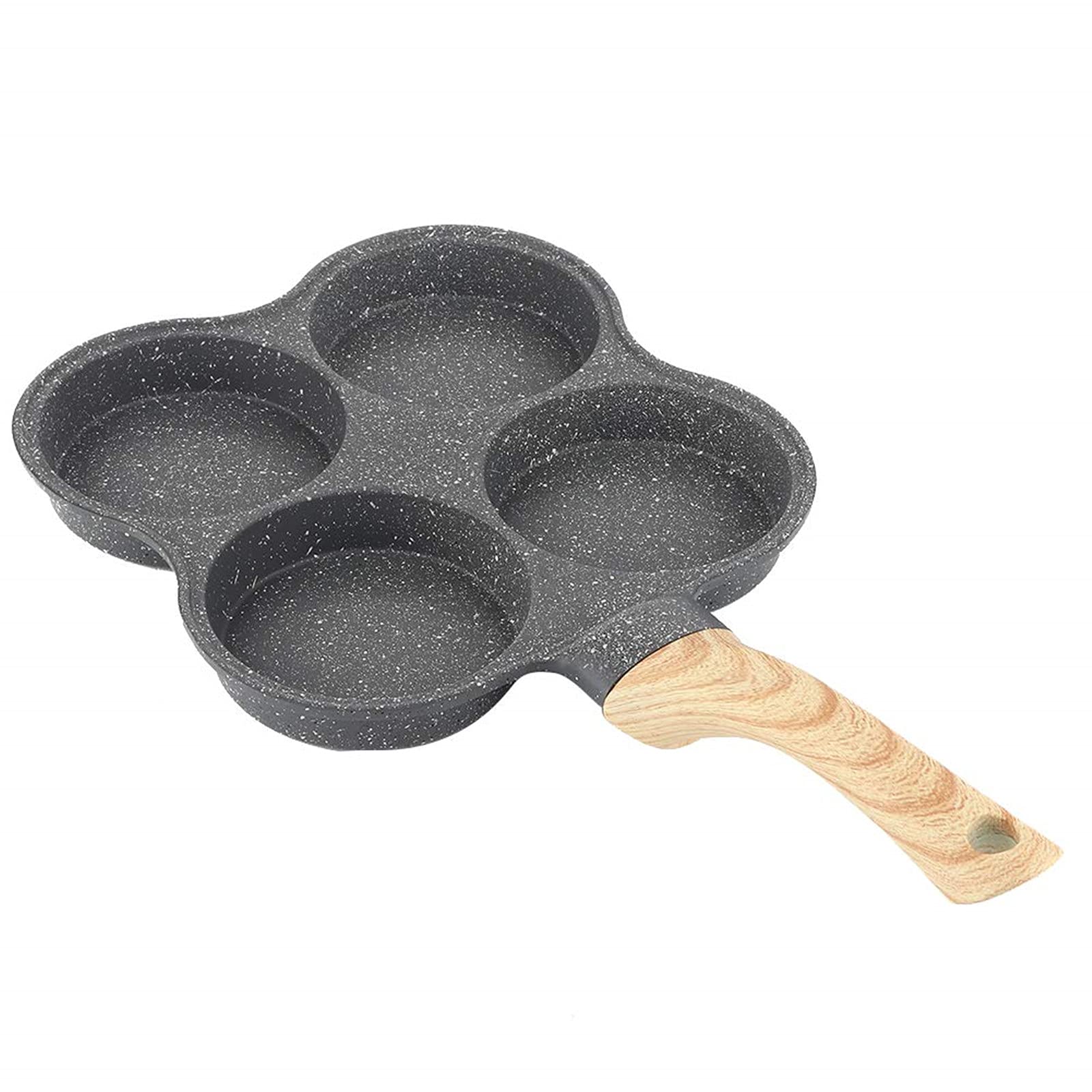Nonstick 4-Hole Egg Frying Pan with Wooden Handle - Aluminum Omelette & Pancake Cooker for Perfect Poached Eggs, Burgers & Steaks - Ideal for Breakfast, Brunch & Quick Meals