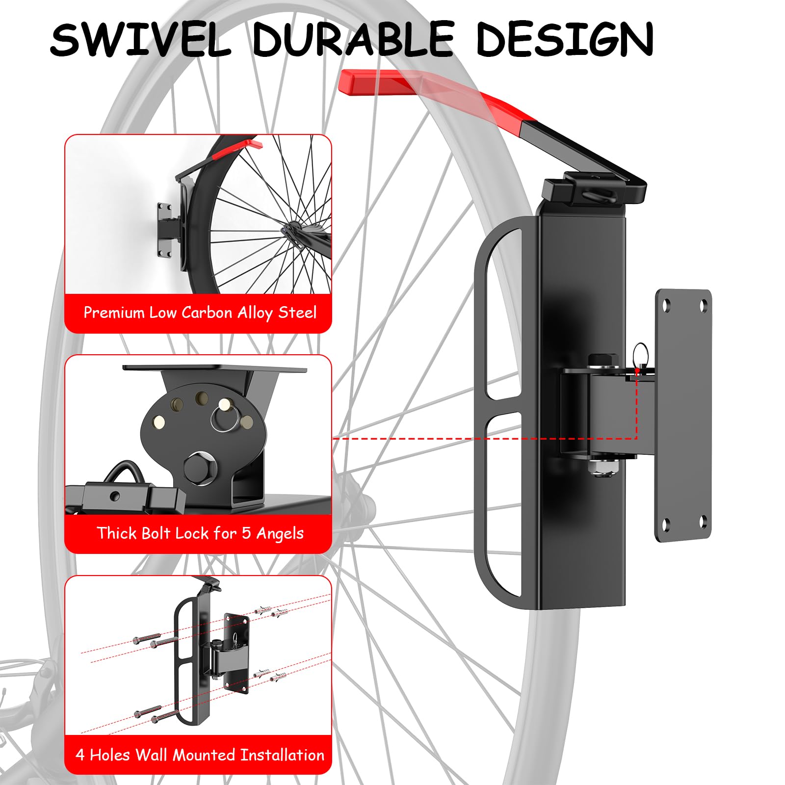 **2-Pack Wall Mounted Swivel Bike Rack with Tire Tray - 170° Adjustable Bike Hanger for Garage Storage - Vertical Bike Stand with 5 Secure Angles - Indoor/Outdoor Use for Home, Apartment, or Shed - Black**