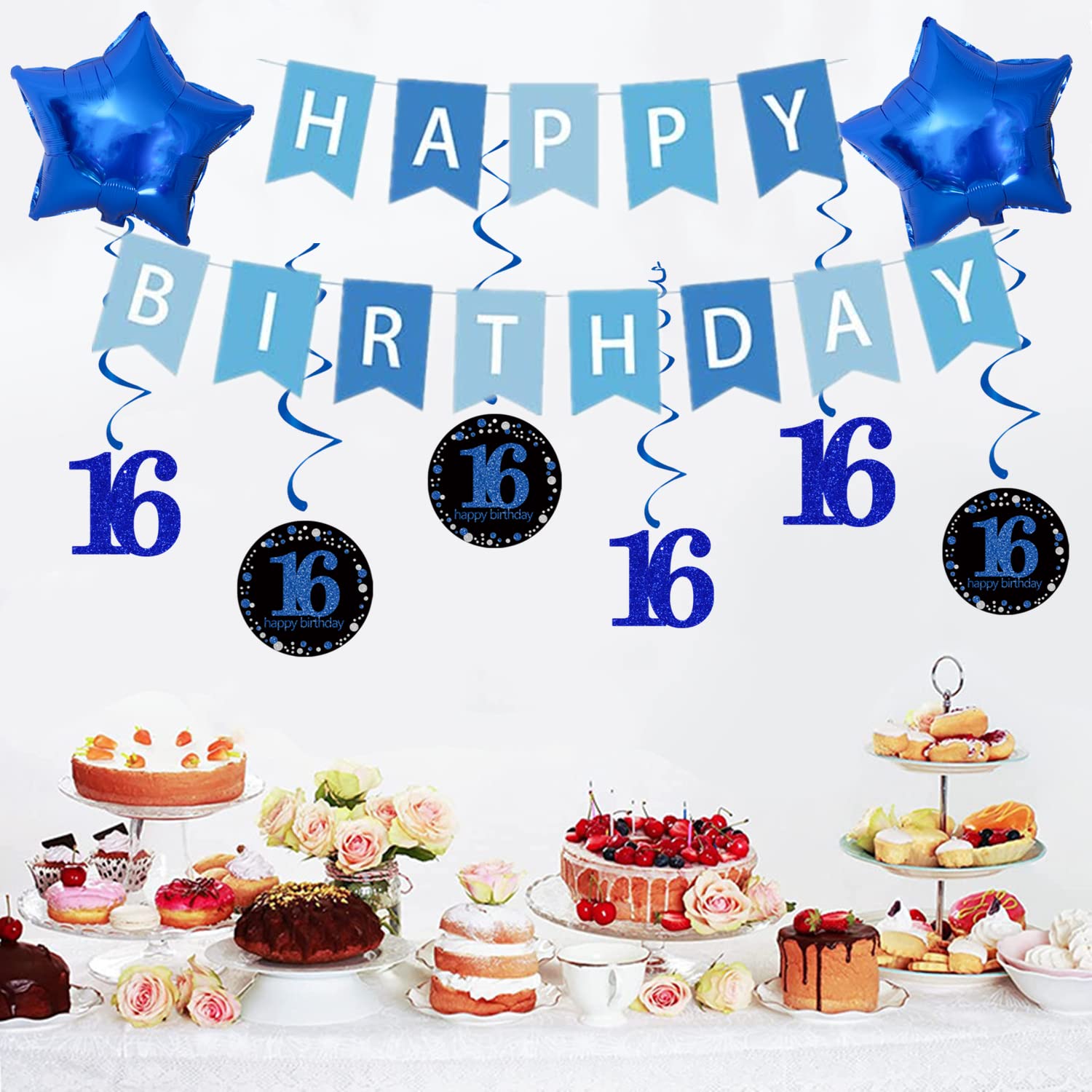 16th Birthday Party Decorations Set for Boys & Girls - Swirl Balloons, Happy Birthday Banner, 32in Number 16 & Star Foil Balloons in Blue | Perfect for Sweet 16 Celebrations, Teen Parties & Milestone Birthday Decor