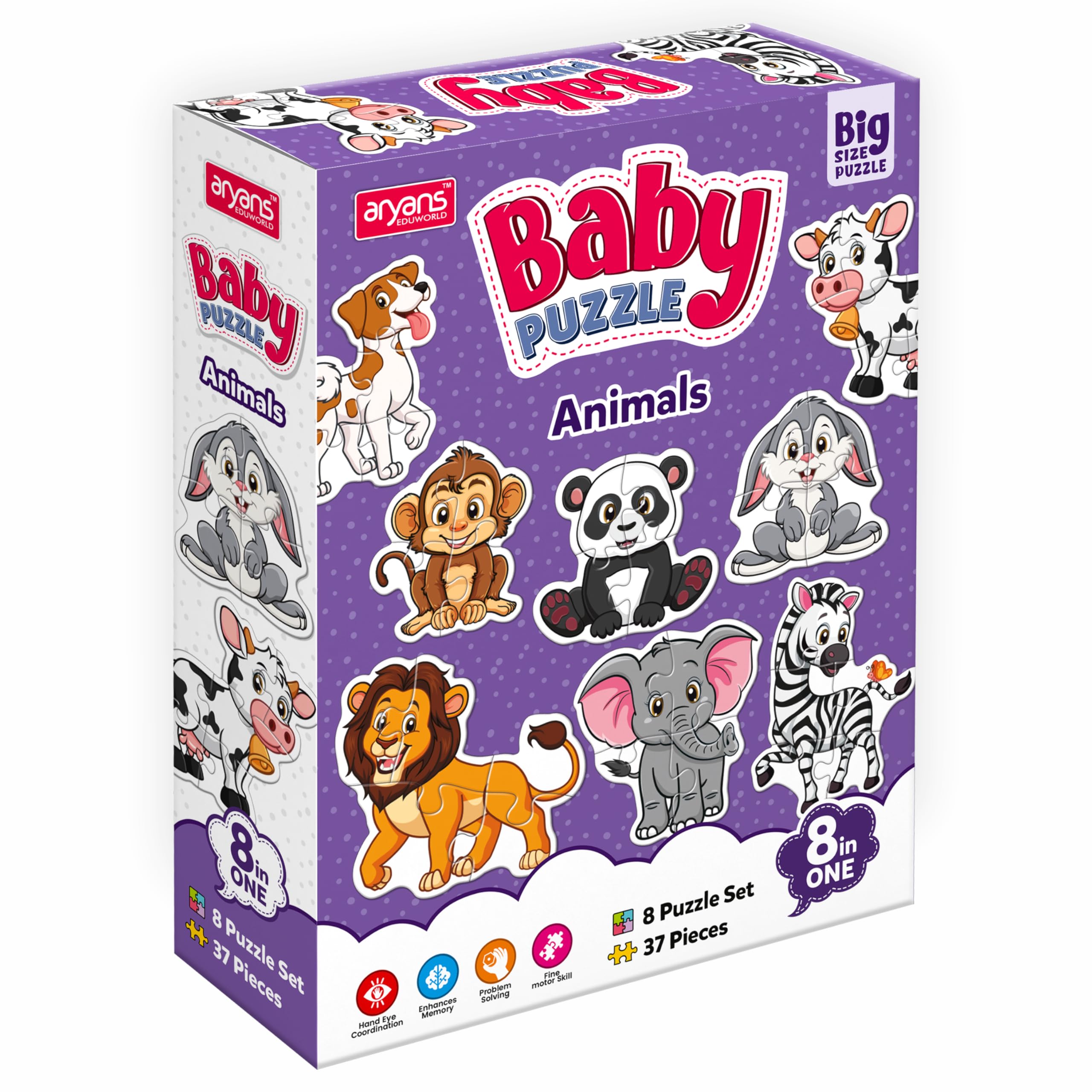 Aryans Eduworld | 8 Animal Puzzles for Kids Ages 4+ | 37 Piece Large Size Educational Puzzle Set with Monkey, Rabbit, Cow, Panda | Learning Toys for Boys & Girls | Perfect for Preschool Learning & Birthday Gifts