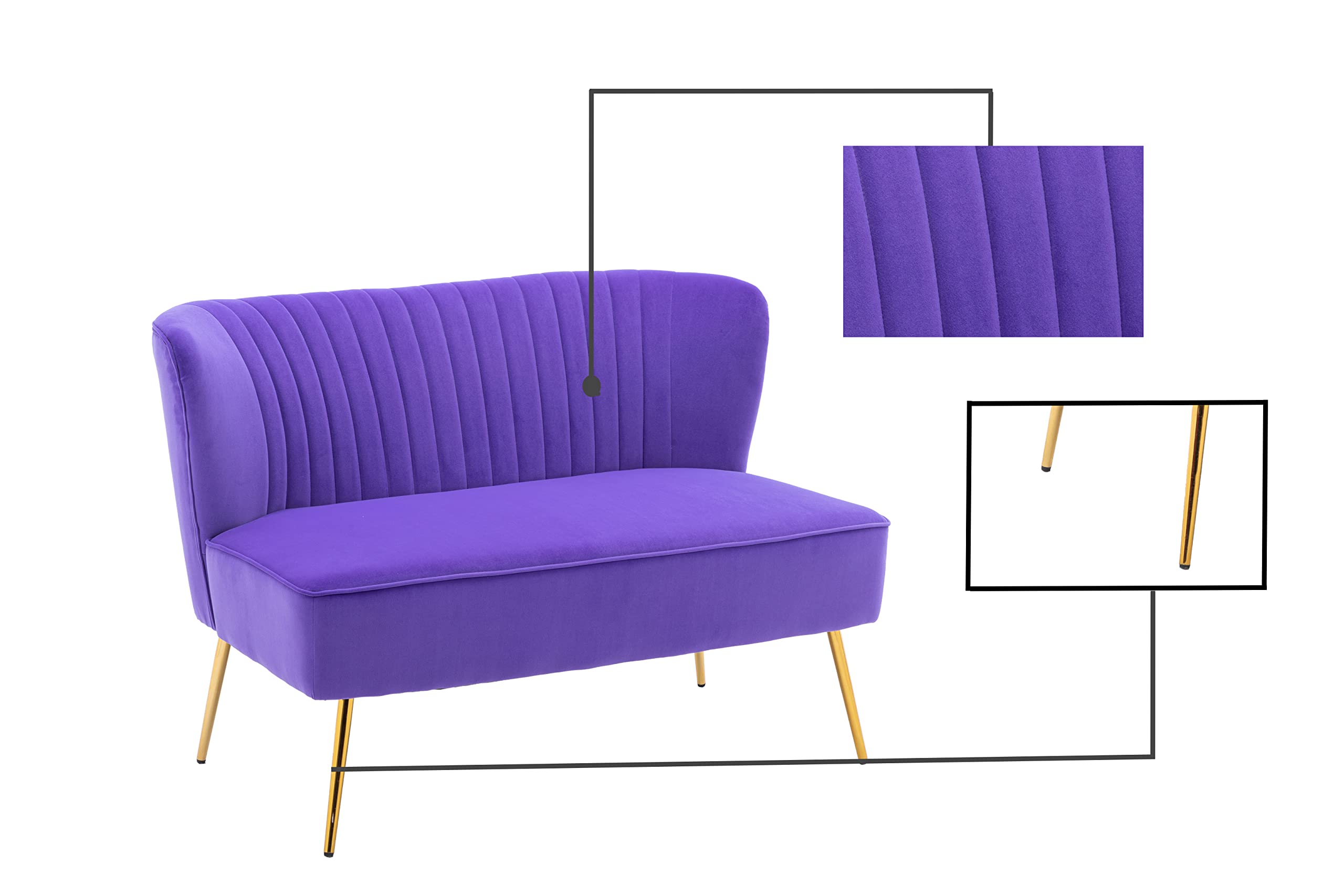 Velvet 2-Seater Modern Sofa Couch with Durable Metal Legs & Comfort Back Cushion - Compact Living Room, Apartment, Bedroom Furniture (Purple) | Perfect for Small Spaces, Lounge, Reading Nook & Cozy Home Decor