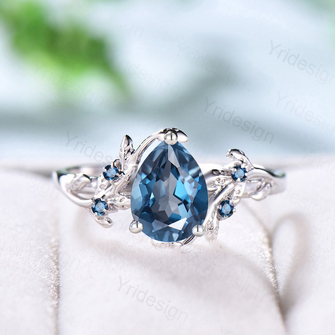 Vintage London Blue Topaz Engagement Ring - Elegant Twig & Leaf Cluster Design, Natural Inspired Branch Wedding Ring for Women | Perfect for Proposals, Anniversaries & Special Occasions