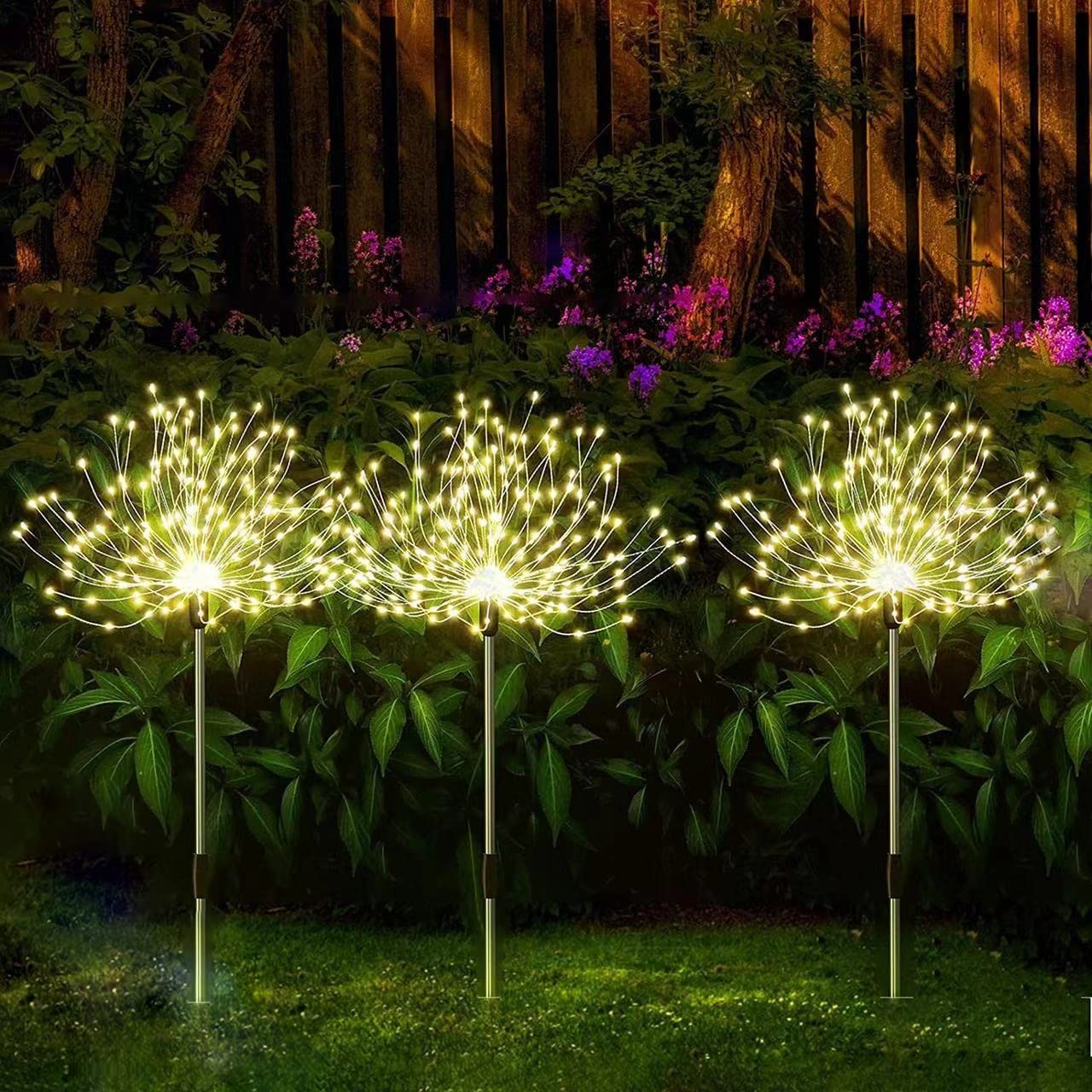 Upgraded 3-Pack Solar Garden Path Lights with Remote Control - 120 LED Solar Firework String Lights Outdoor Waterproof - 8 Lighting Modes Landscape Stake Lights for Walkway, Backyard, Patio, Christmas, Wedding, Party Decorations (Warm White) - Perfect for Outdoor Lighting, Pathway Illumination, and Holiday Events