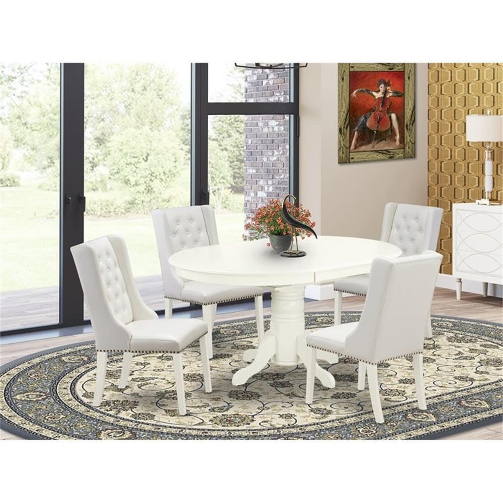 East West Furniture 5-Piece Dining Table Set with Oval Table & 4 Faux Leather Chairs - 42x60 Inch, Linen White & Light Grey - Perfect for Kitchen, Dining Room, and Small Space Gatherings