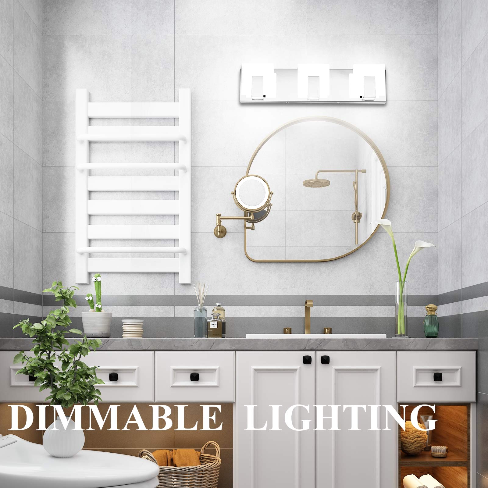 Aipsun 3-Light Dimmable Modern LED Vanity Light - Frosted White Acrylic & Chrome Finish - Up/Down Bathroom Wall Light Fixture for Mirror (6000K White Light) - Perfect for Bathroom, Powder Room & Dressing Area Lighting