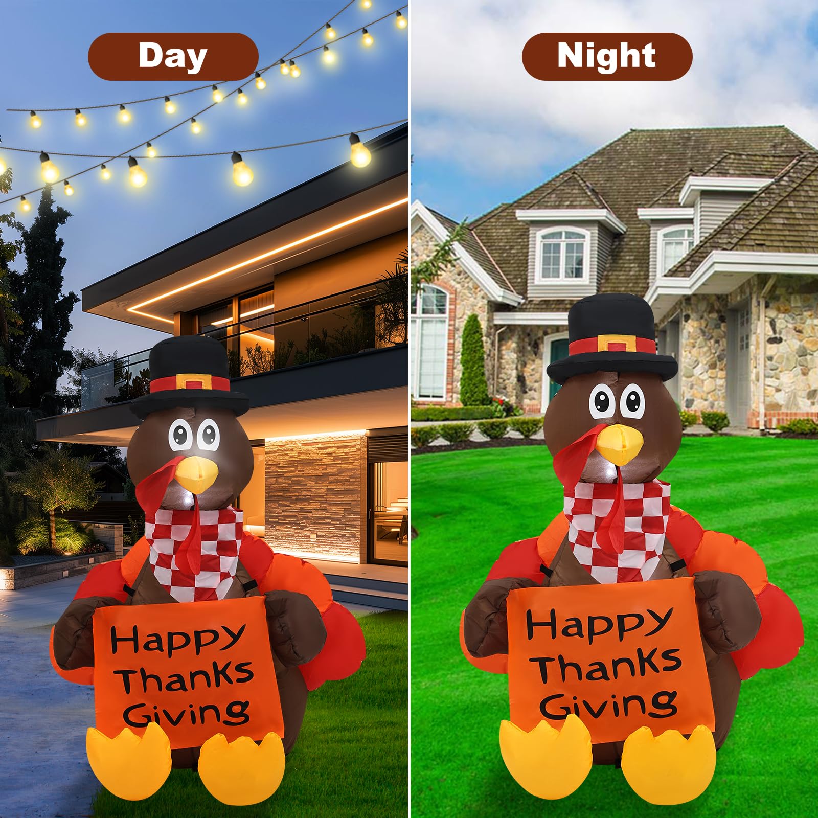 4 FT Pull Banner Turkey Thanksgiving Inflatable Decoration with LED Lights - Outdoor Holiday Yard Decor for Lawn, Garden & Patio - Perfect for Thanksgiving Party, Fall Festival & Family Gatherings