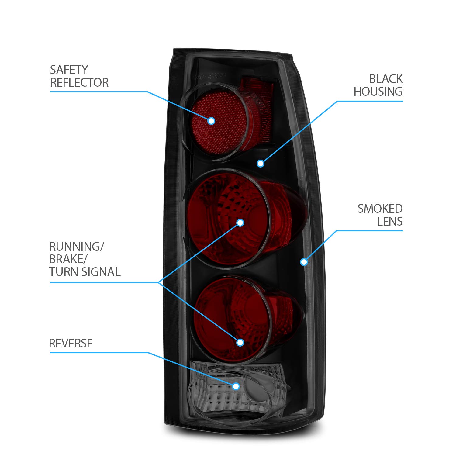 AmeriLite Dark Black Altezza Style Replacement Tail Lights for Chevy GMC C/K Truck, Silverado, Sierra, Suburban, Blazer, Tahoe, Yukon - Complete Set (Driver & Passenger Side) - Enhance Safety & Style for Night Driving, Off-Road Adventures & Custom Truck Builds