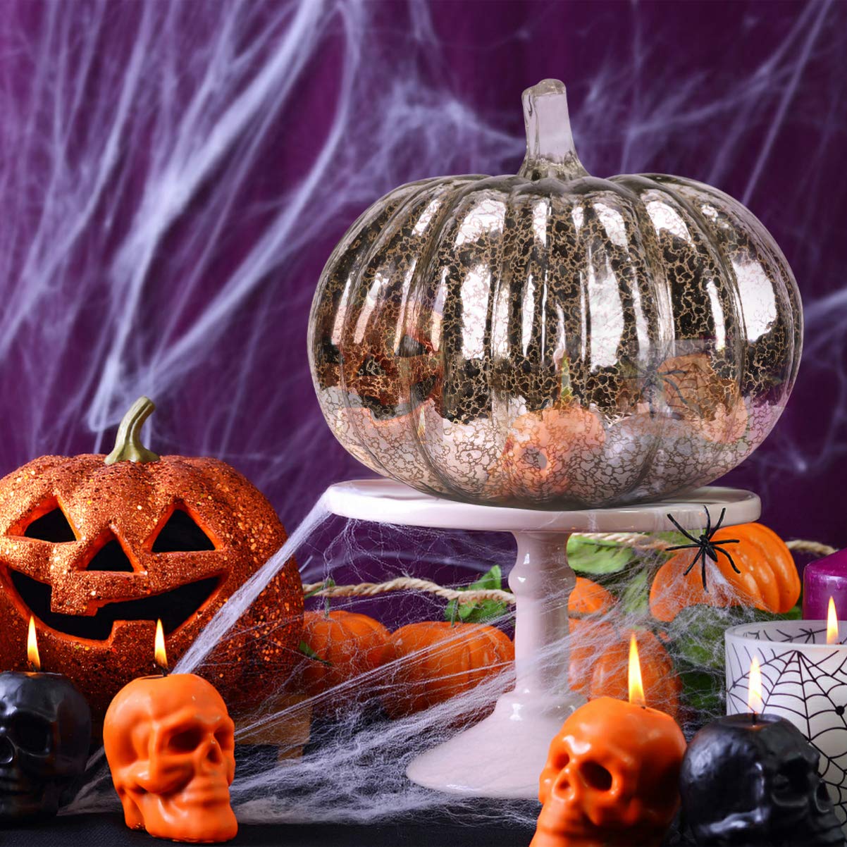 Silver Halloween Pumpkin LED Table Lamp - Glass Fall Decor for Home, Party & Office (Battery Not Included) | Perfect for Halloween Decorations, Thanksgiving Centerpiece & Cozy Autumn Ambiance