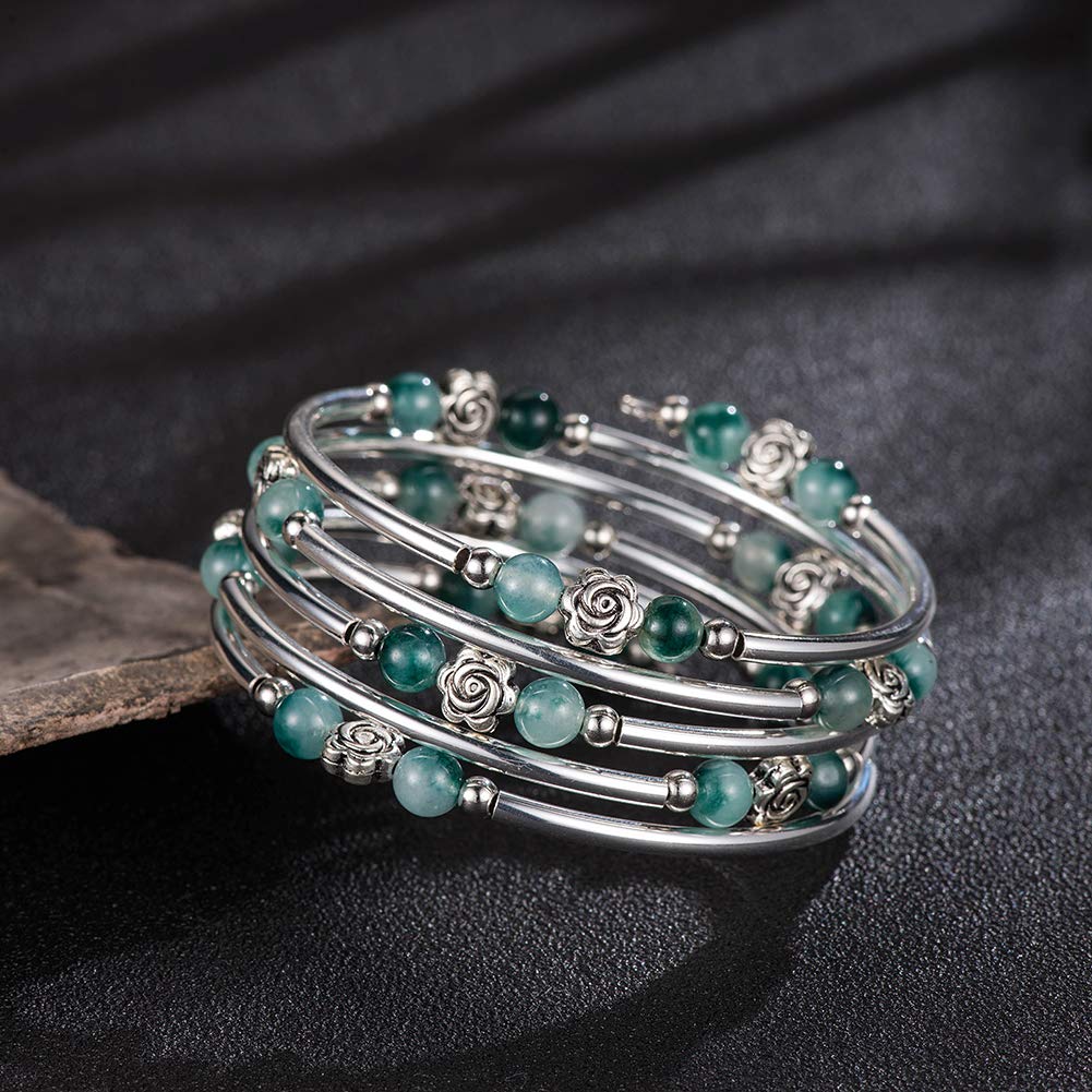 BULINLIN Wrap Bangle Rose Bead Bracelet - Natural Agate Stone Beaded Bracelet for Women | Boho Chic Jewelry Gift for Her | Perfect for Weddings, Parties & Everyday Wear