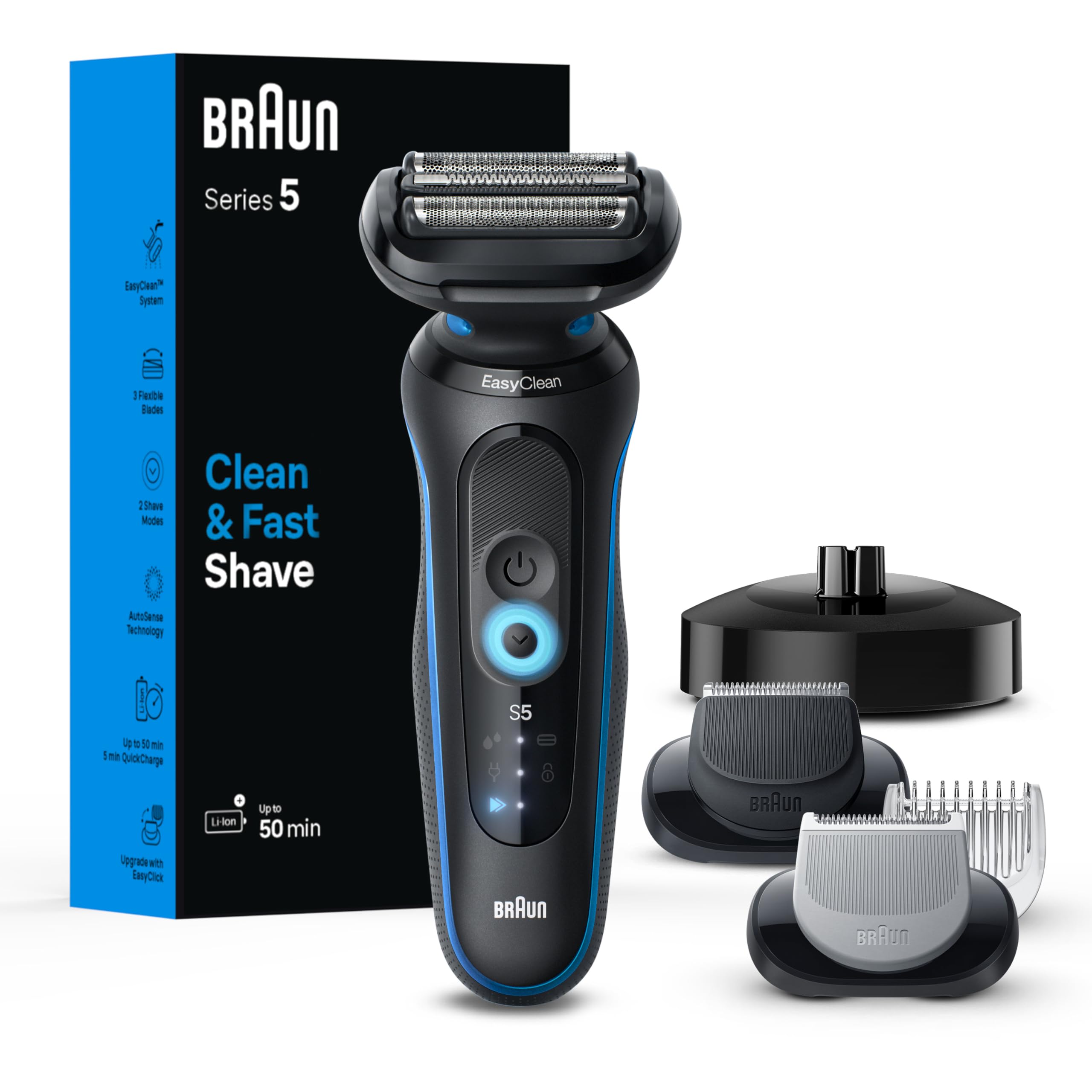 Braun Series 5 5150cs Men's Electric Shaver - Wet & Dry Foil Shaver with Turbo Mode, Beard Trimmer & Body Groomer - Includes Charging Stand (Blue) - Perfect for Travel, Home Use & Quick Shaving