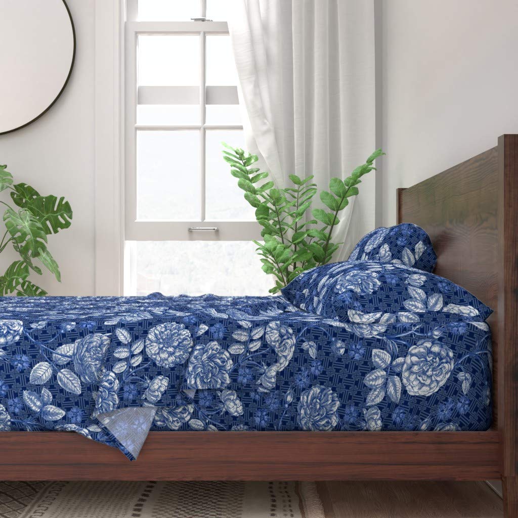 100% Cotton Twin Sheet Set 3pc - Chinoiserie Delft Blue Chinese Roses Floral Navy Print Custom Bedding | Soft Breathable Sheets for Bedroom, Guest Room & Dorm | Spoonflower