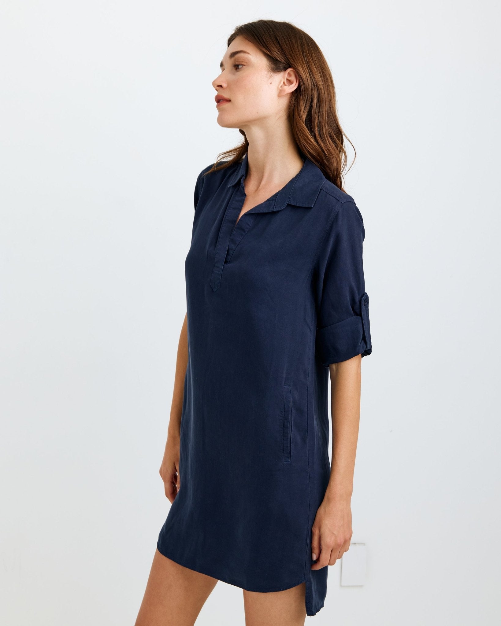 A Line Rolled Tab Sleeve Dress in Endless Sea Blue - Perfect for Summer Weddings, Beach Vacations & Casual Outings
