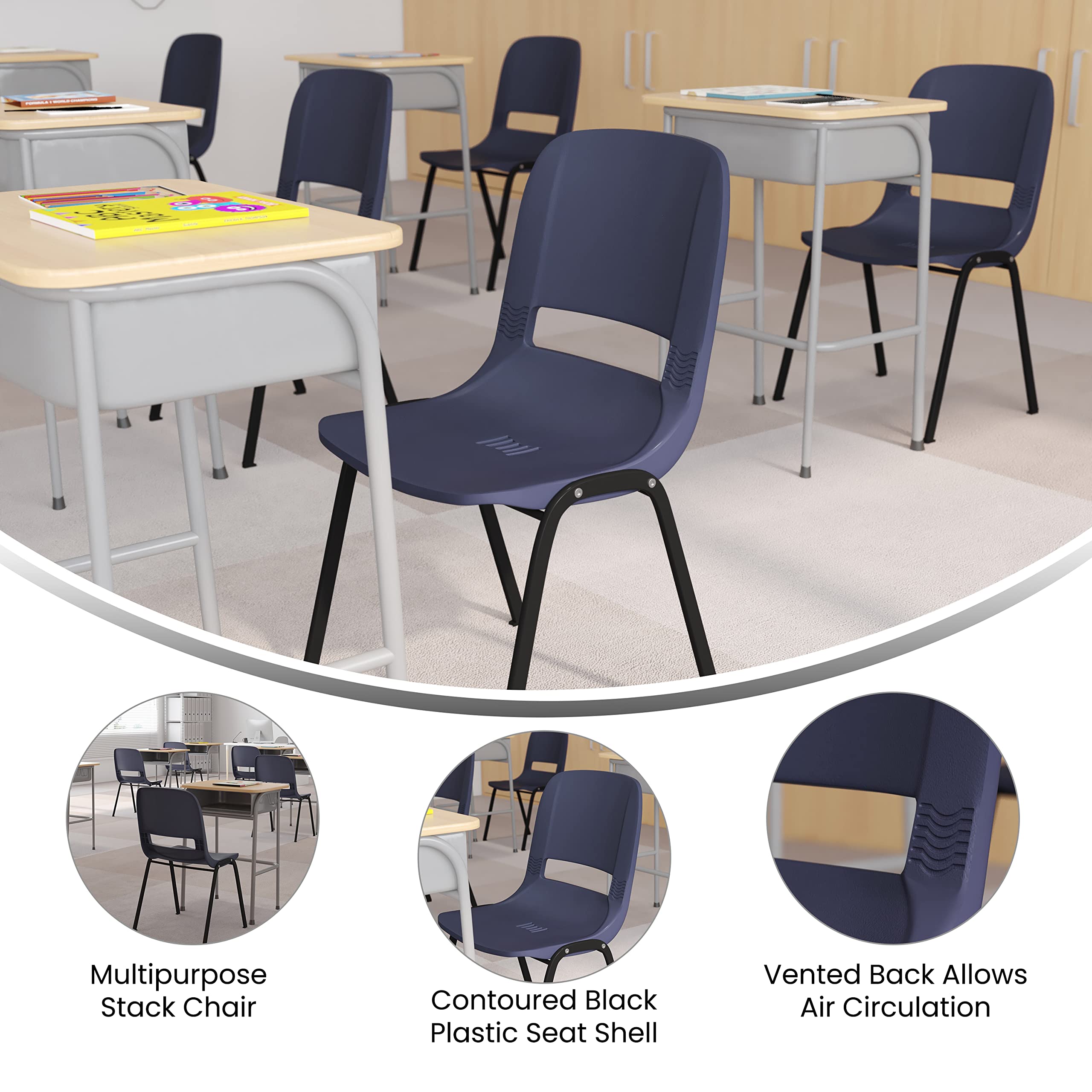 EMMA + OLIVER Apis Heavy Duty Stack Chair - Navy Blue Ergonomic Office Chair with Comfortable Seat & Back Support - Powder Coated Metal Frame - Stackable Up to 15 High - 661 lbs Weight Capacity - Perfect for Conference Rooms, Classrooms, and Event Spaces
