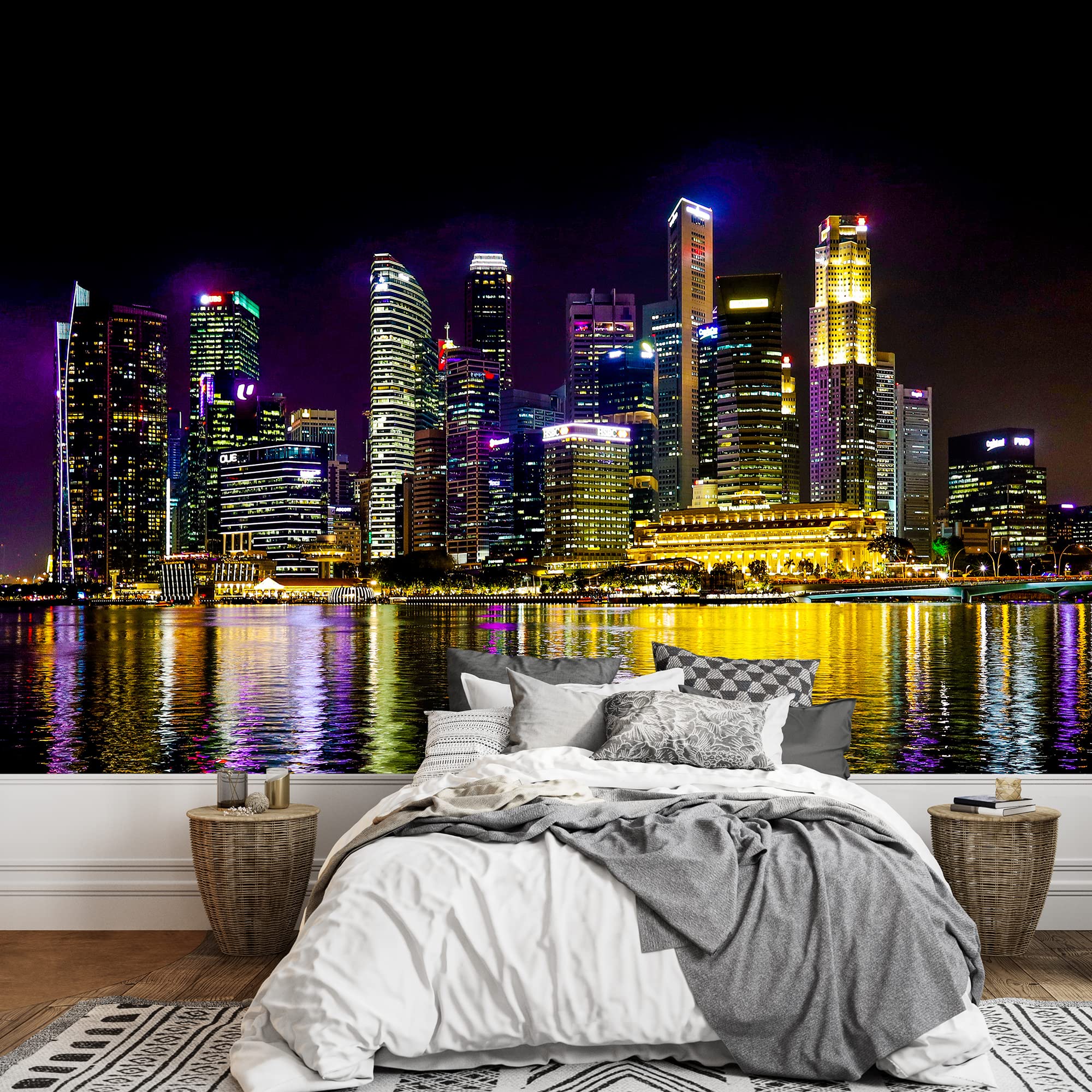 Wall26 Vibrant Neon City Lights Harbor Ocean Cityscape Wall Mural - 66x96 Inches Removable Wall Sticker with Realism Urban Landscape Photography for Living Room, Bedroom, Office Decor | Perfect for Home, Apartment & Workspace Wall Art