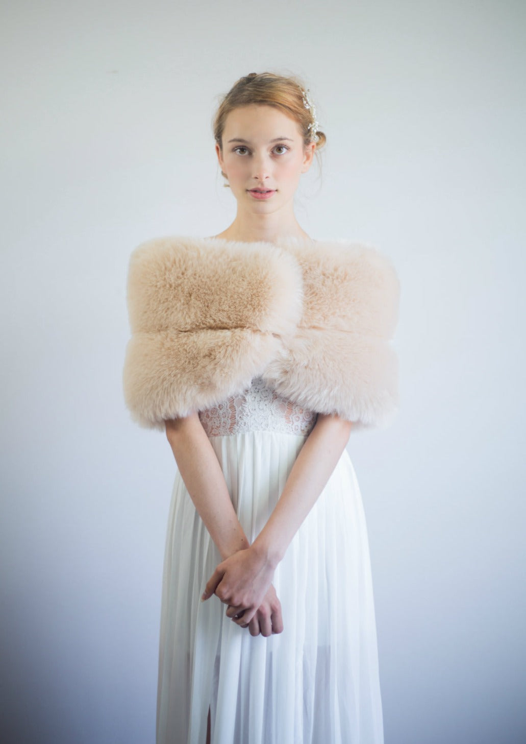 Blush Beige Fur Shawl Wrap - Women's Elegant Winter Fashion Scarf for Parties, Weddings & Evening Events (Penelope Blu01)