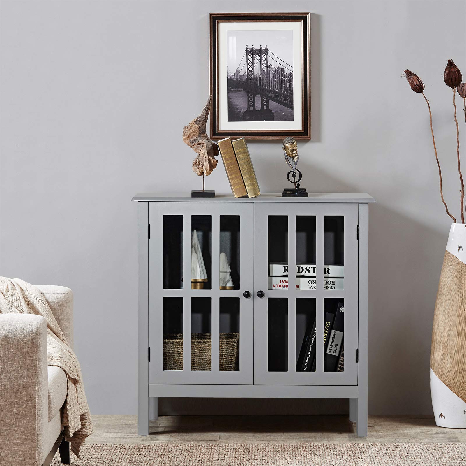 Tangkula Grey Sideboard Buffet Cabinet with 2 Glass Doors - Kitchen Dining Room Storage Cabinet, Liquor Curio Display, Cupboard Console Table for Home Decor & Entertaining