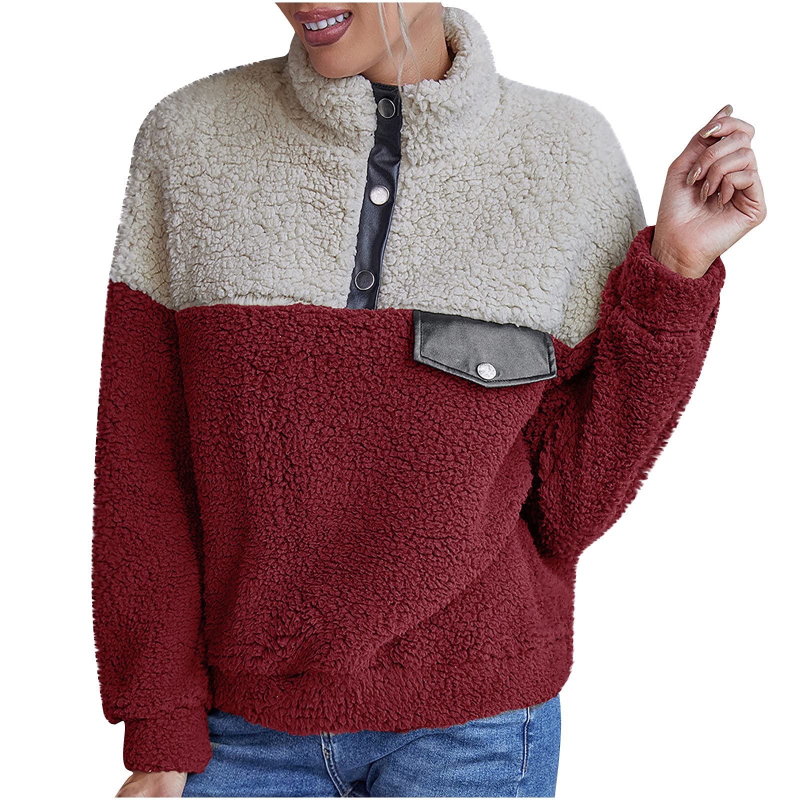 Women's Fuzzy Fleece Pullover Sweater - Warm Button Down Jumper with Collar & Long Sleeves | Cozy Winter Wear for Casual Outfits & Layering
