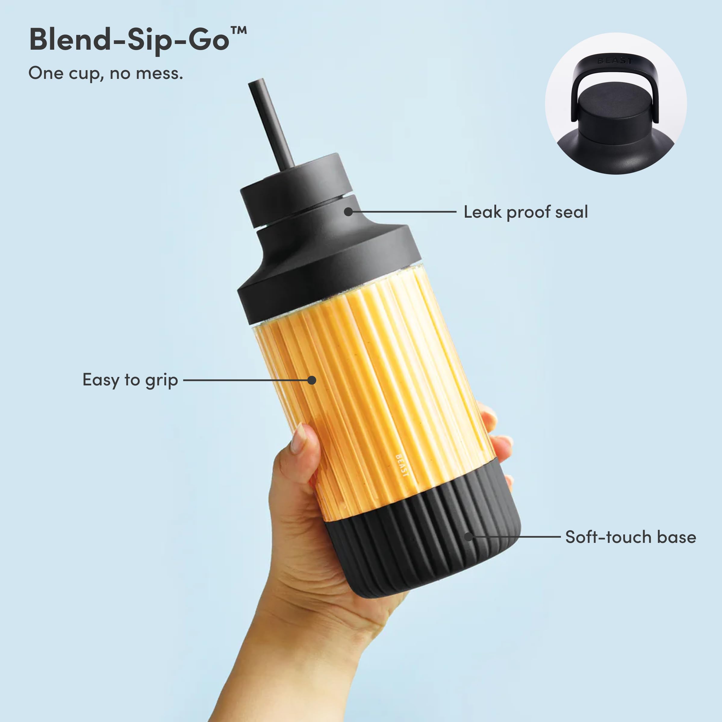 The Beast Mini Blender Plus - 600W Powerful Portable Blender for Smoothies, Shakes, Sauces & Dips | Compact Countertop Blender with Extra Vessels, Straw Cap & Straws Included | Perfect for Kitchen, Office, Gym & Travel (Carbon Black)