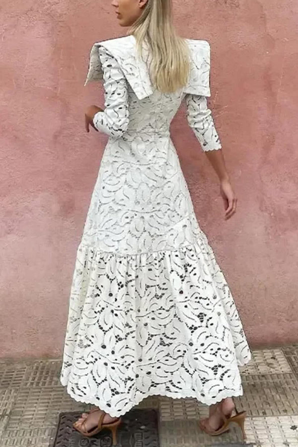 Elegant Solid Color Hollow Lace High Neck Long Sleeve Maxi Dress for Women - Perfect for Weddings, Parties & Special Occasions