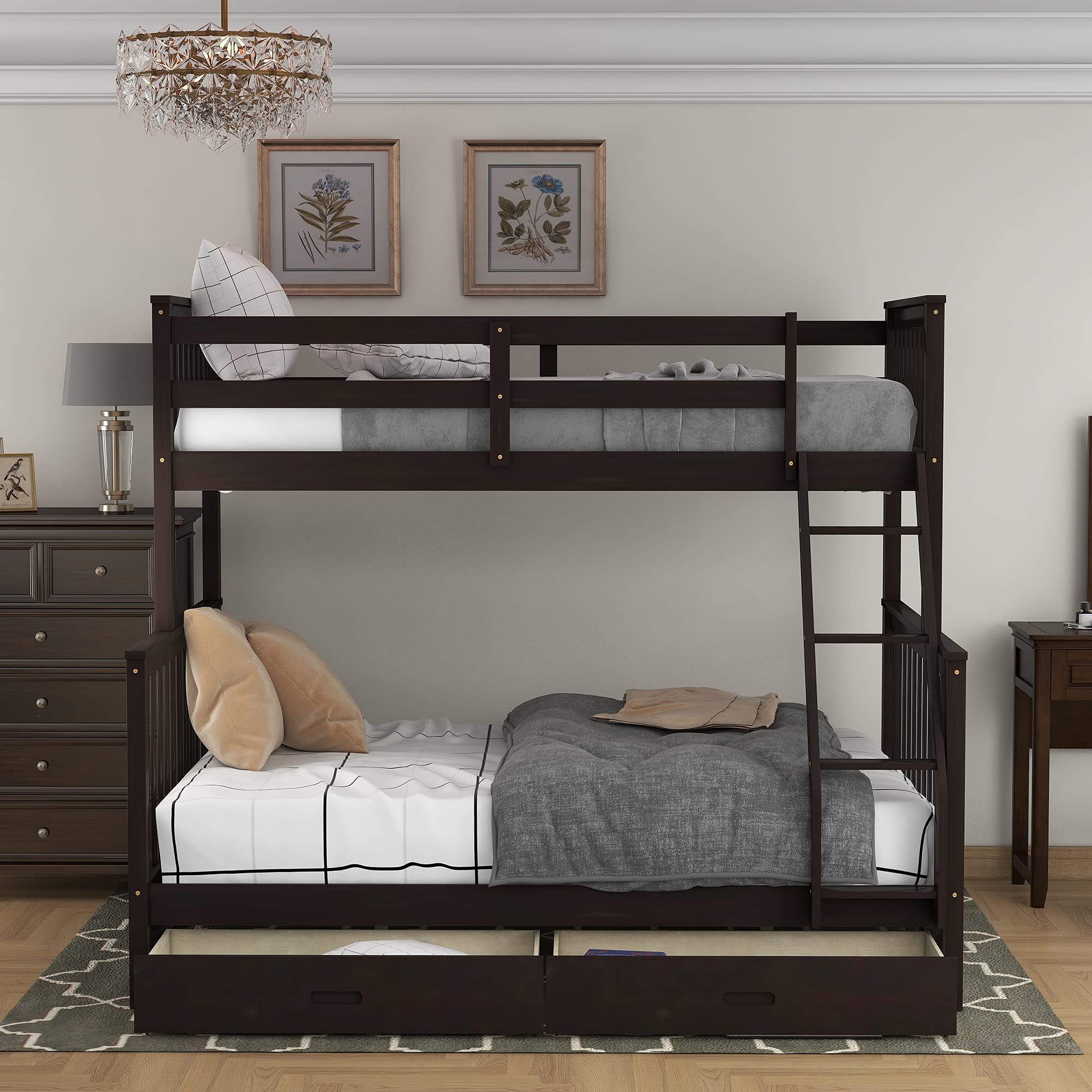 Harper & Bright Designs Twin Over Full Bunk Bed with Storage Drawers - Solid Wood Bunk Bed Frame with Ladder - Space Saving Kids Bedroom Furniture in Espresso Finish - Perfect for Shared Kids Rooms, Guest Rooms & Small Spaces