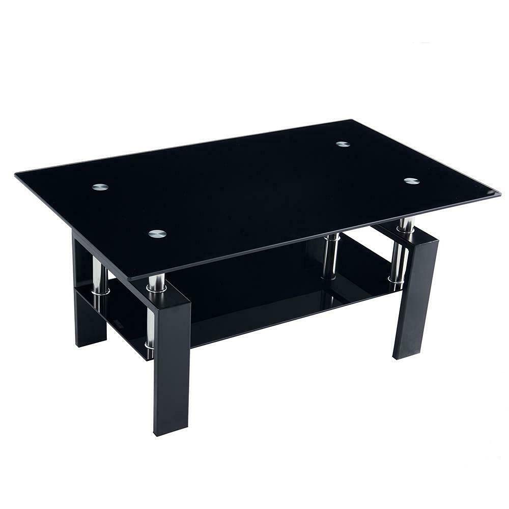 Modern Rectangle Coffee Table with Black Glass Top & Metal Legs - Sturdy Lower Shelf for Living Room, Office, or Lounge - US Stock Fast Shipping