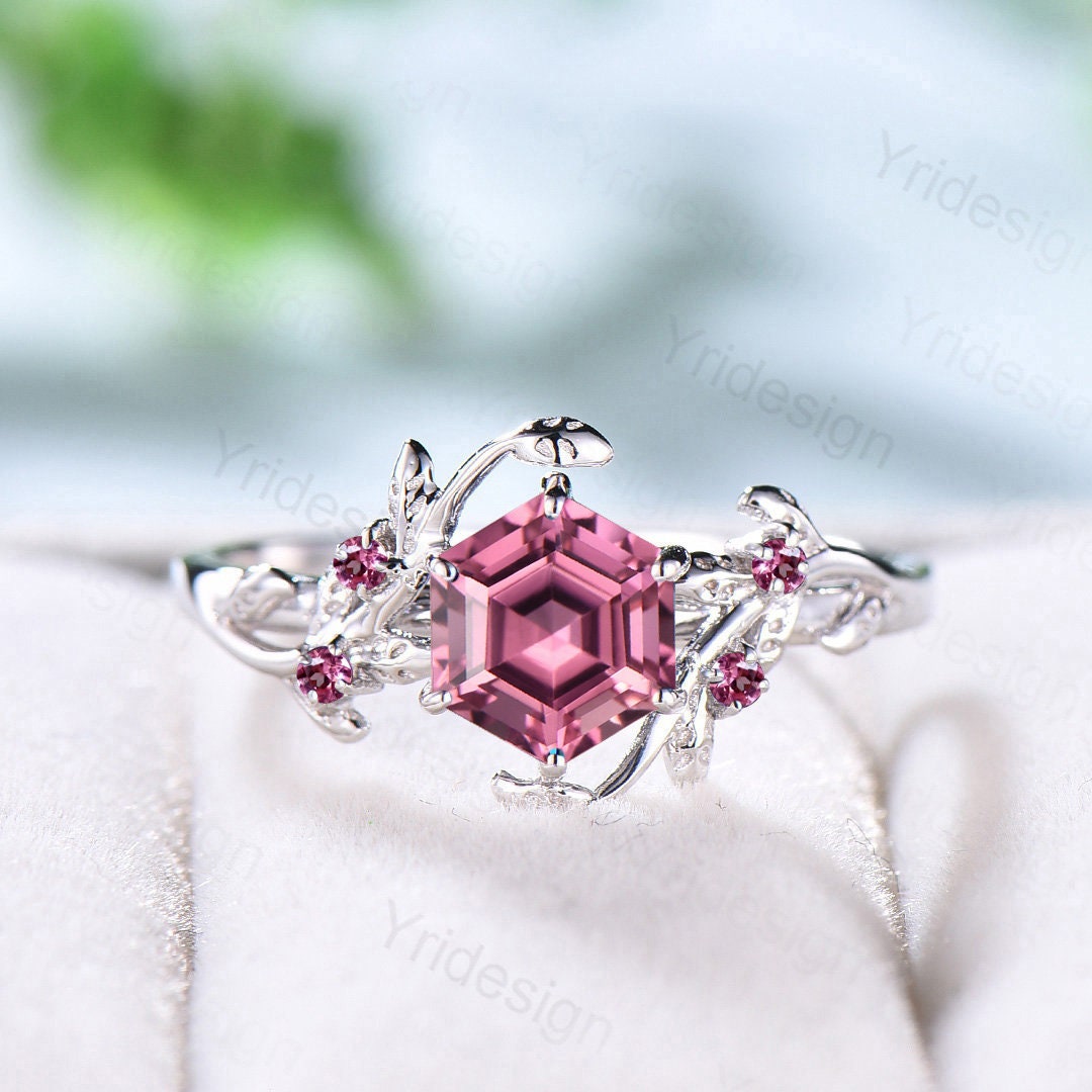 Natural Pink Tourmaline Ring 14K White Gold - Vintage Twig Engagement Ring, Leaf Branch Wedding Band - Unique Anniversary Gift for Women - Perfect for Romantic Proposals, Weddings & Special Occasions