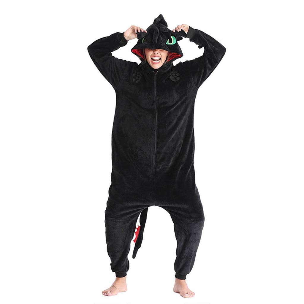 ZSQAW Black Adult Unisex Flannel Pajamas - Night Fury Themed Sleepwear with Zipper for Men & Women (Large) - Cozy Home Lounge & Movie Night Outfit