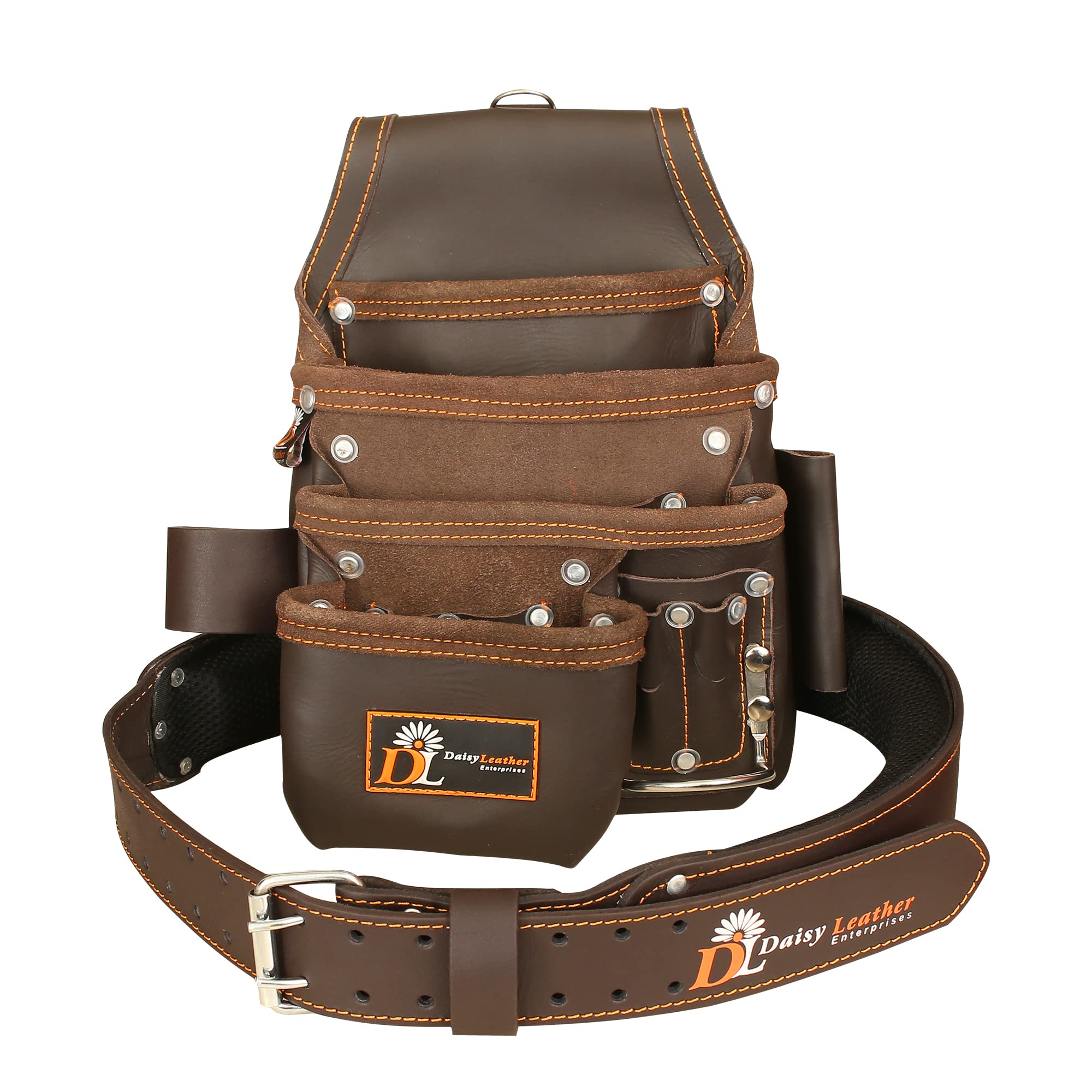 Premium Leather Tool Bag Pro 505 - Oil-Tanned Durable 13-Pocket Multi-Purpose Organizer with Speed Square Pocket & Detachable Leather Tool Belt - Ideal for Construction, Carpentry, and DIY Projects