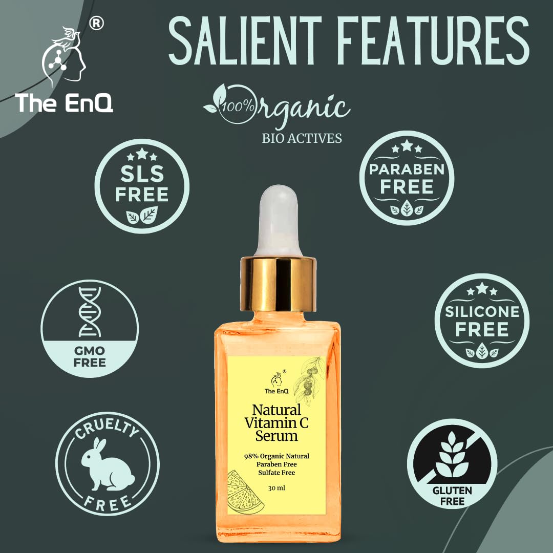 EnQ Natural Vitamin C Skin Serum - 30ml Organic Face Serum for Bright, Glowing & Blemish-Free Skin | 100% Natural Anti-Aging Serum for Daily Skincare Routine & Nighttime Use