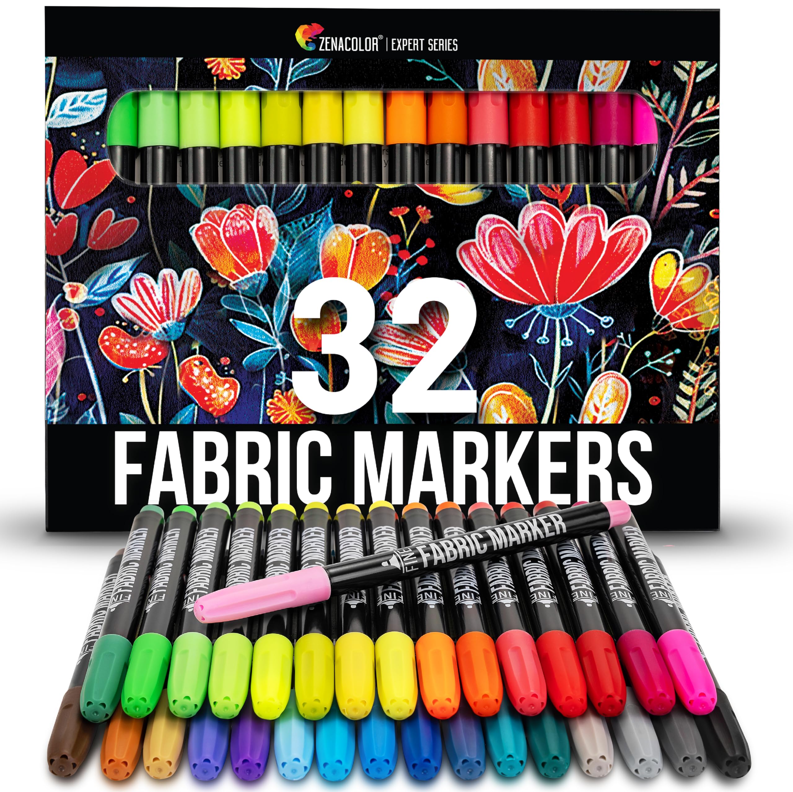Zenacolor 32 Fabric Markers Pens Set - Non Toxic Permanent Fabric Paint Pens for Clothing, DIY Crafts & Textile Art - Fine Point Tip Washable Fabric Markers for Kids & Adults