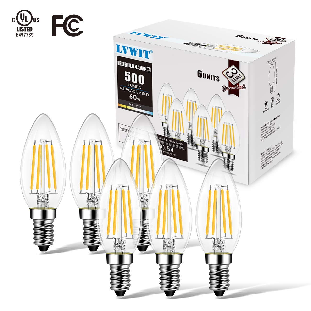 LVWIT E12 Candelabra LED Bulb - 6 Pack Dimmable 500 Lumens, 60W Equivalent Warm White (2700K) Chandelier Light Bulbs - Perfect for Dining Room, Bedroom & Vintage Fixtures