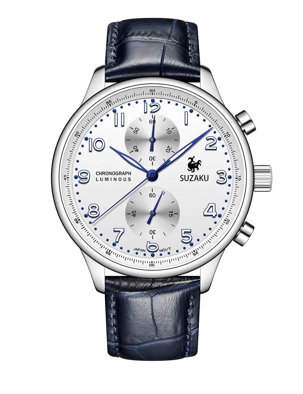 SUZAKU Men's Chronograph Quartz Watch - Stainless Steel Case, Waterproof Leather Strap, Casual Dress Watch for Business & Everyday Wear