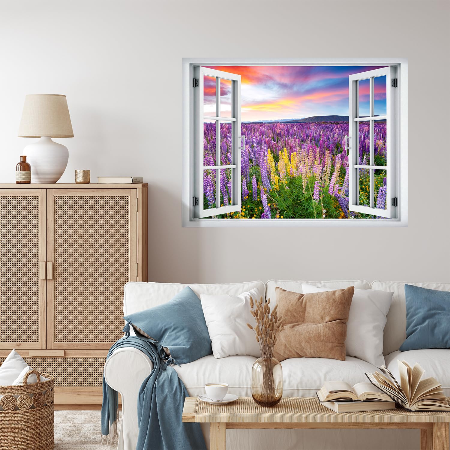 Wall26 Removable Wall Sticker - Colorful Sunset Sky & Lavender Field Landscape Mural (24