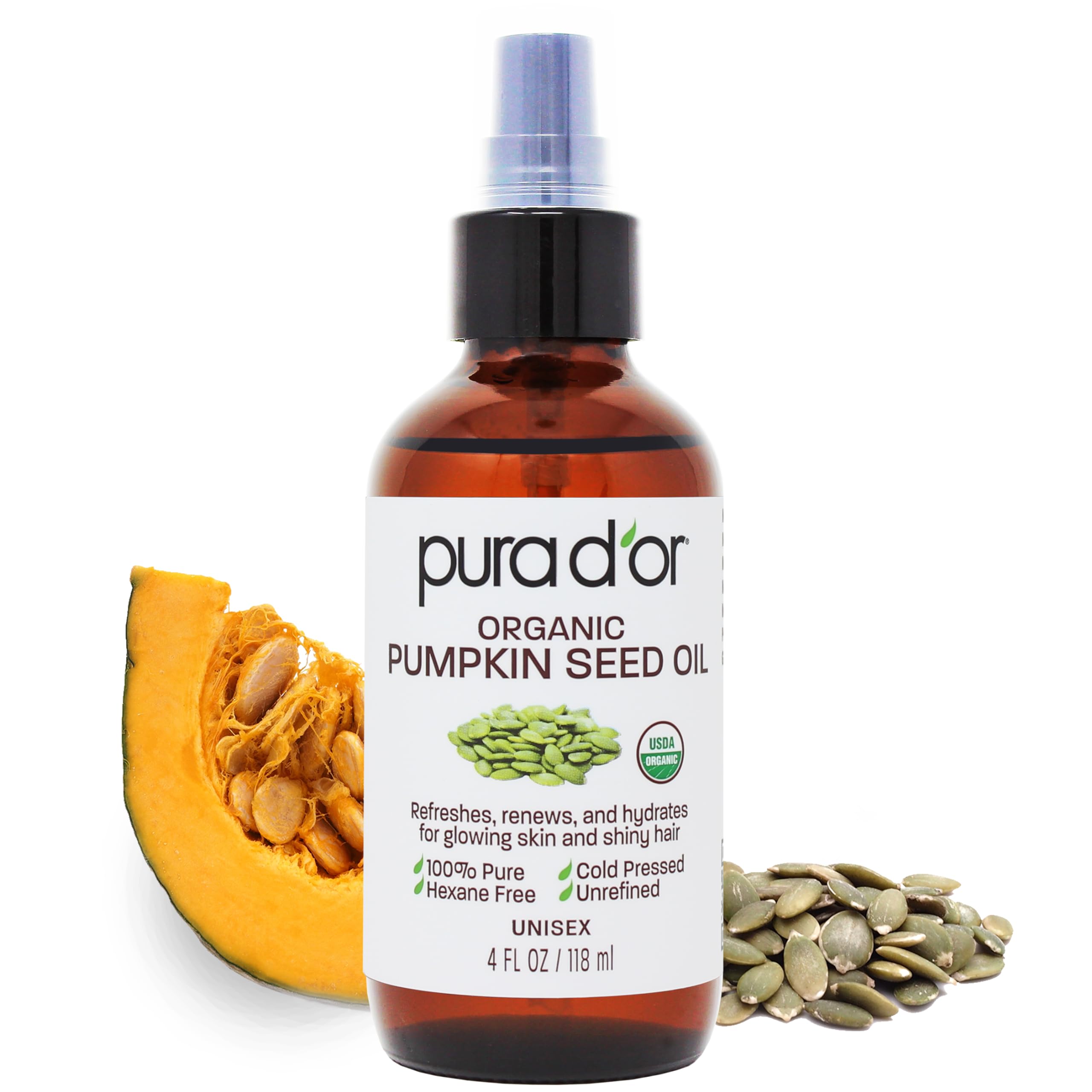 Organic Pumpkin Seed Oil 4 Oz - 100% Pure Cold Pressed USDA Certified for Hair Growth & Skin Care - Unrefined Hexane-Free Body Oil for Women & Men - Perfect as After Shower Moisturizer & Scalp Treatment