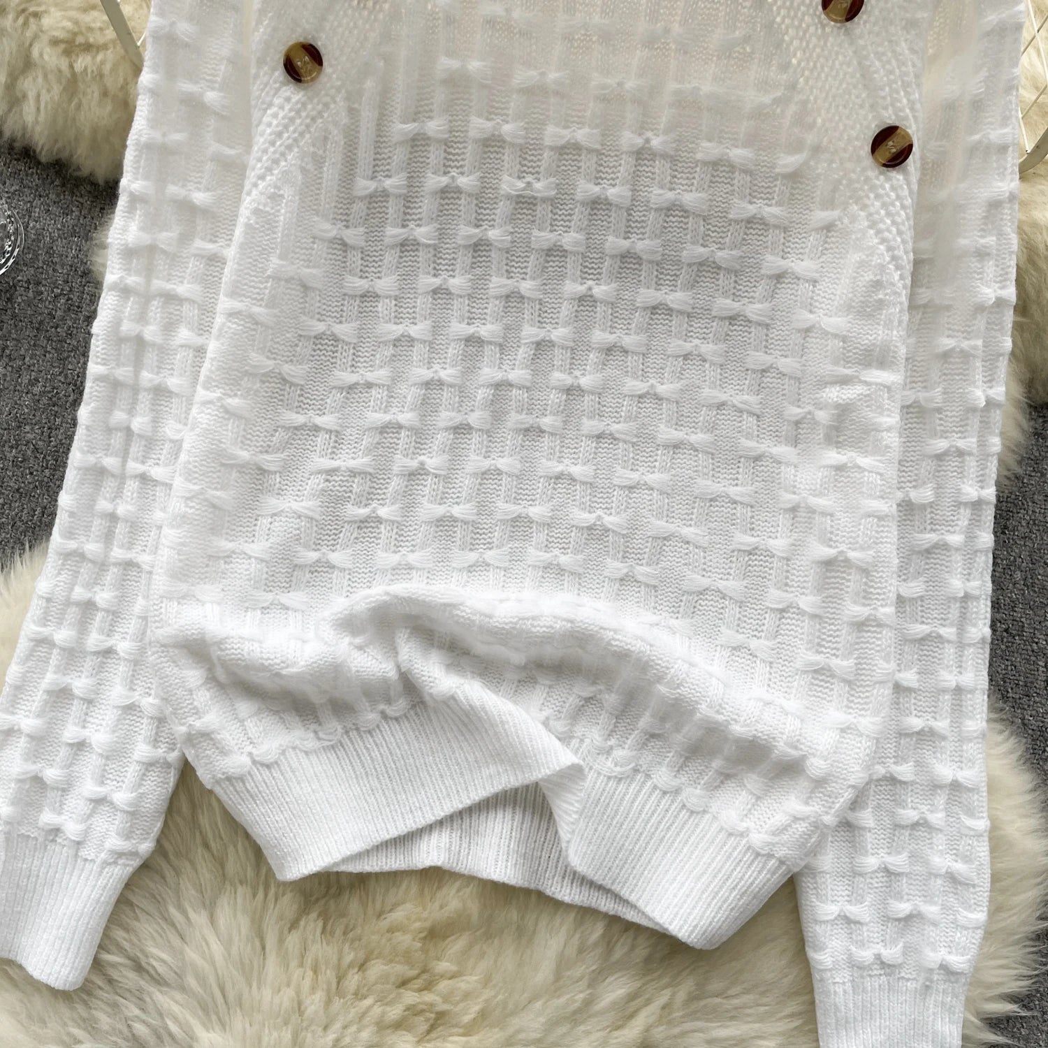 Women's Vintage White Long Sleeve Button-Up Sweater - Cozy Loose Knit Pullover with Bow Detail, Pink O-Neck Top for Fall Winter Fashion | Perfect for Office, Dating & Casual Outfits
