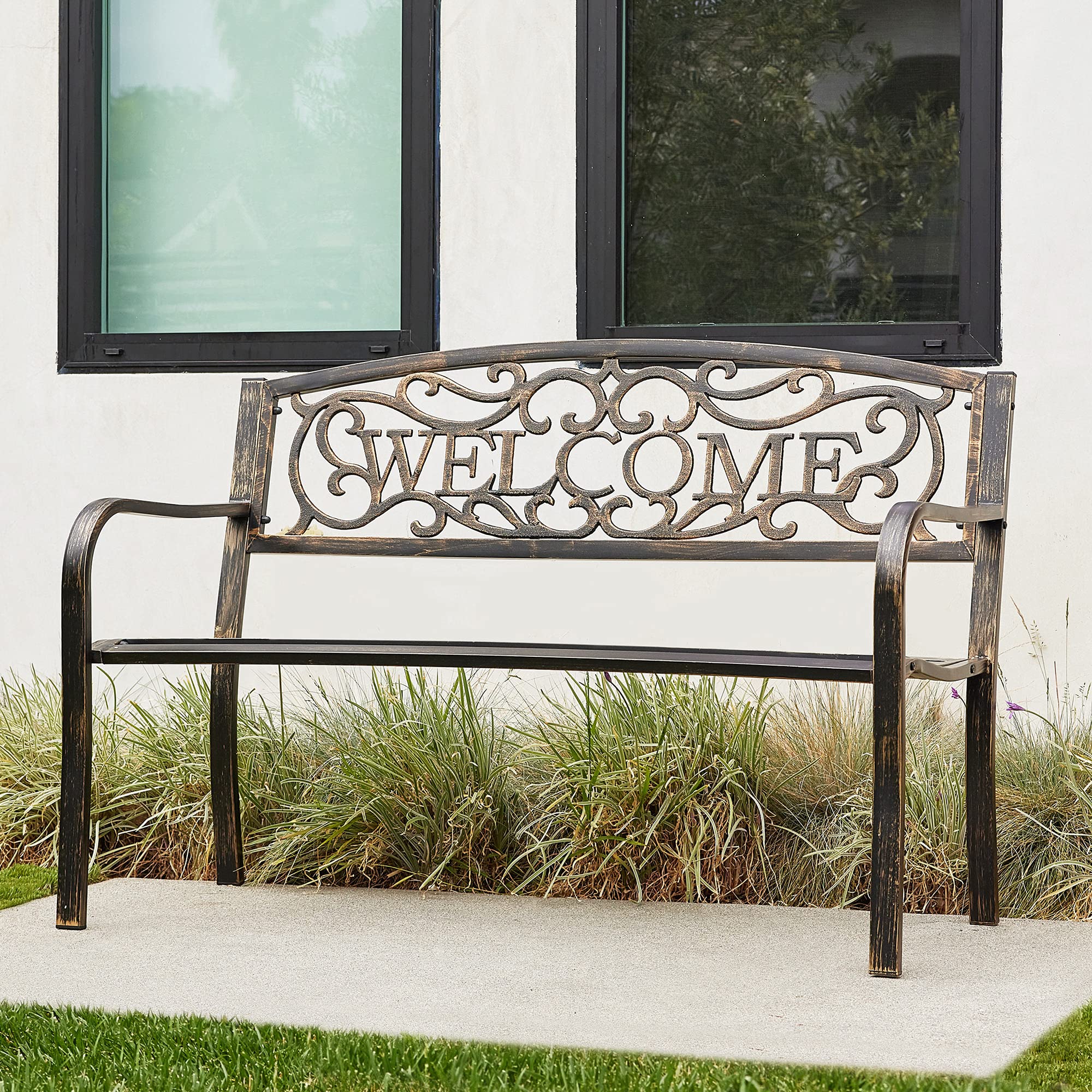 BELLEZE 50 Inch Outdoor Garden Bench - Cast Iron Metal Loveseat with Armrests for Park, Yard, Porch, Lawn, Balcony | Antique Patio Furniture Welcome Design in Brown | Perfect for Relaxing in Gardens, Backyards and Outdoor Spaces