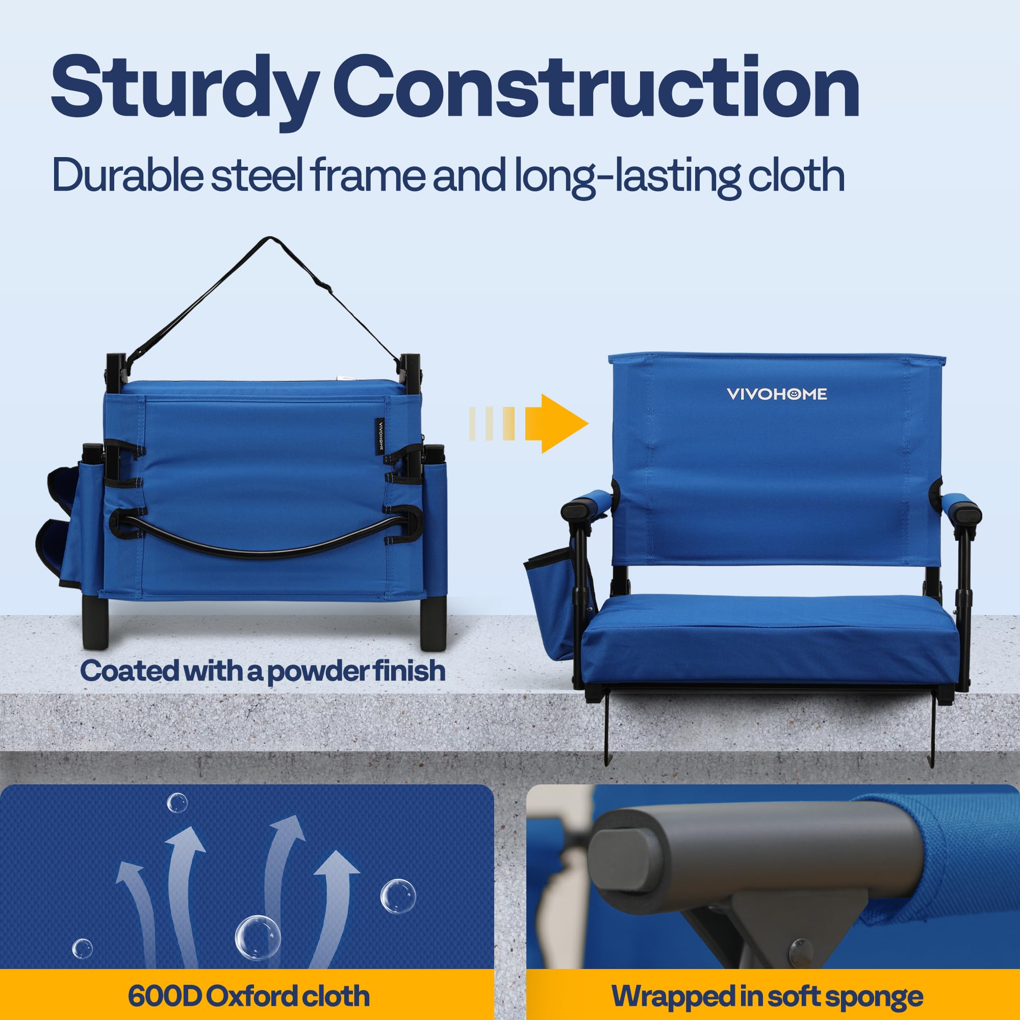 VIVOHOME 2 Pack Portable Stadium Seats with Back Support & Cushion - Bleacher Chairs with Cup Holder & Shoulder Strap for Outdoor Sports, Concerts & Picnics