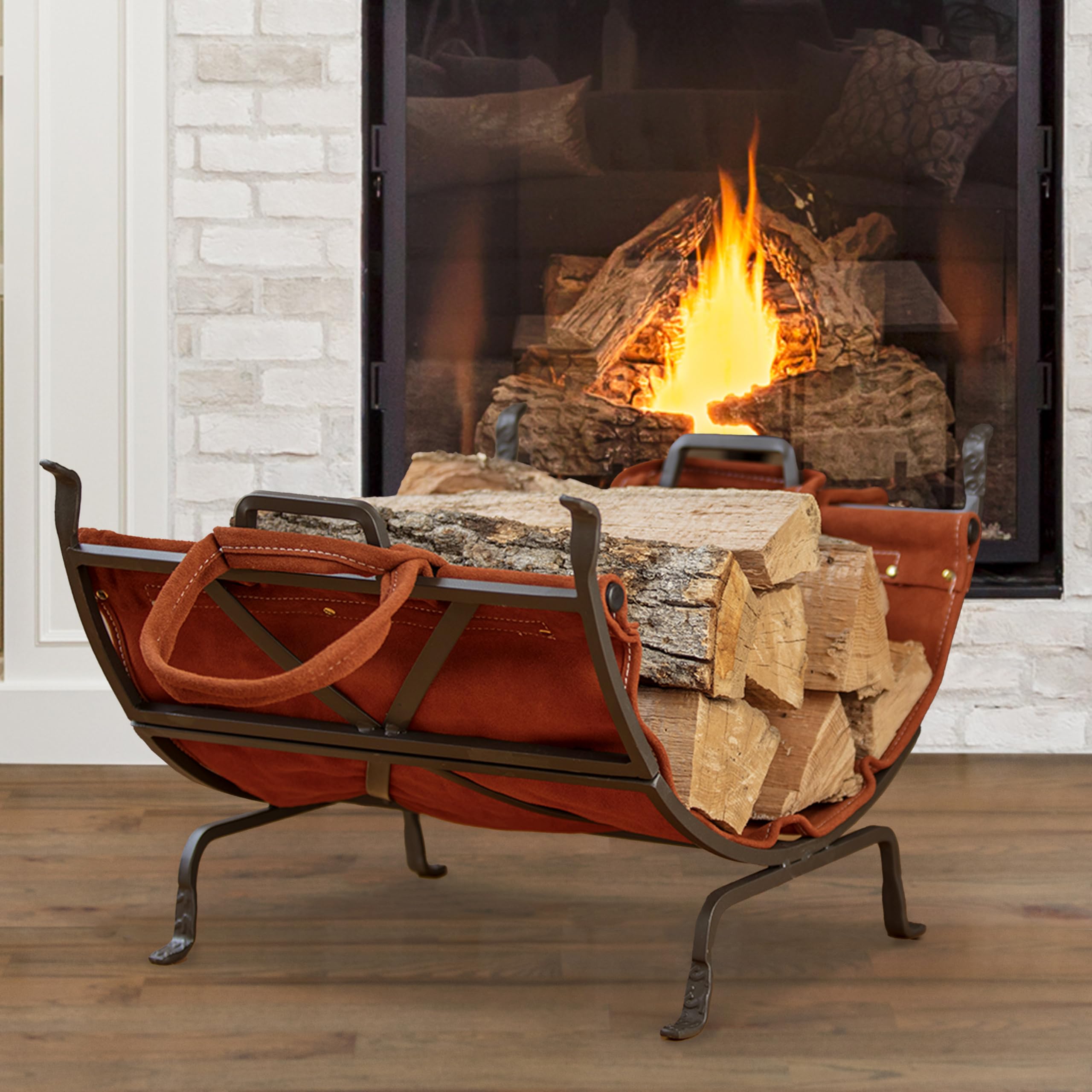Uniflane Olde World Iron Firewood Log Holder with Suede Leather Carrier - Rustic Fireplace Accessory for Indoor/Outdoor Use - Perfect for Firewood Storage by Fireplace, Patio or Camping