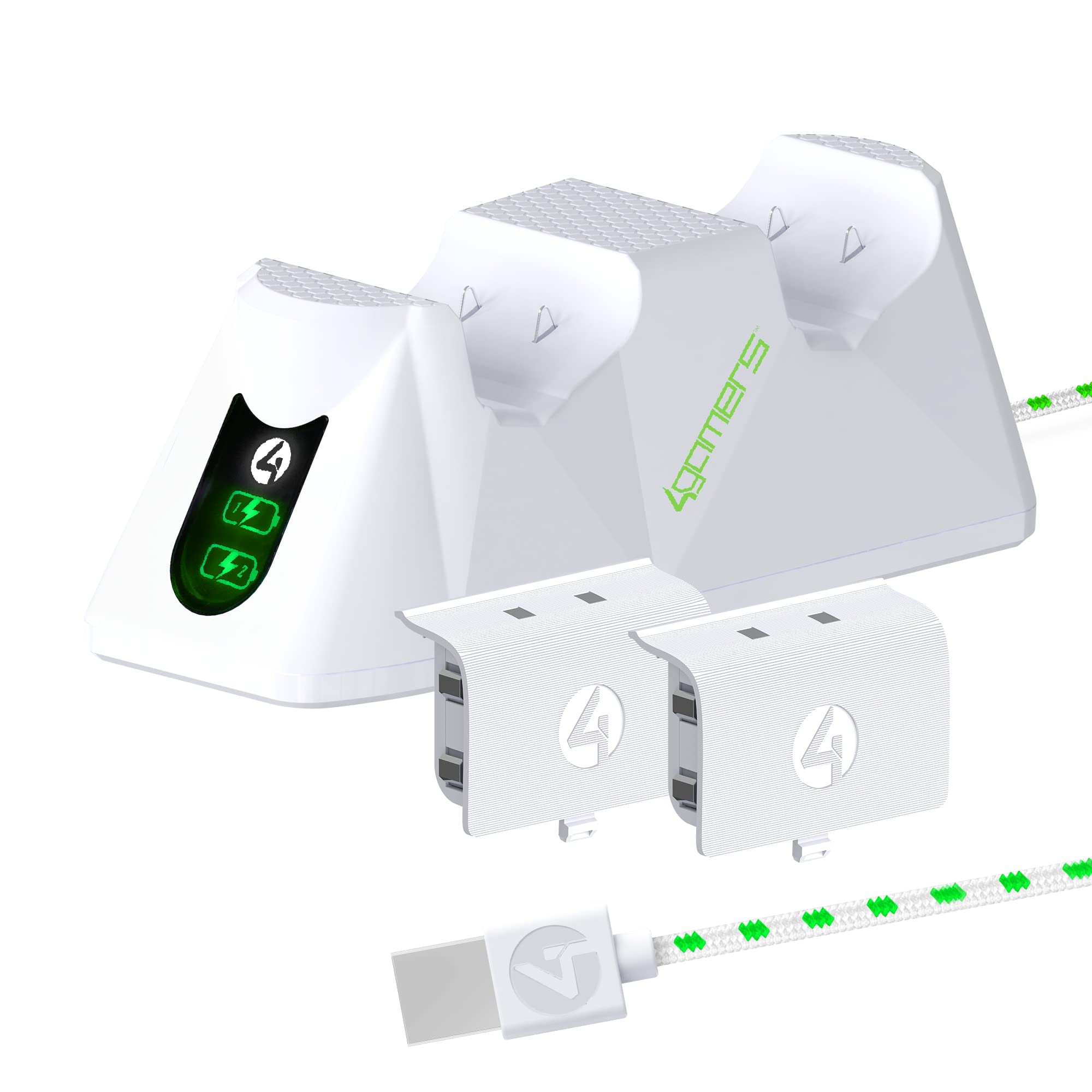 4Gamers Sx-C100 X Twin Charging Dock for Xbox Series X/S - White with 2 Rechargeable Batteries | Fast Charging Station | Gaming Accessories for Xbox Controllers | Perfect for Multiplayer Gaming Sessions