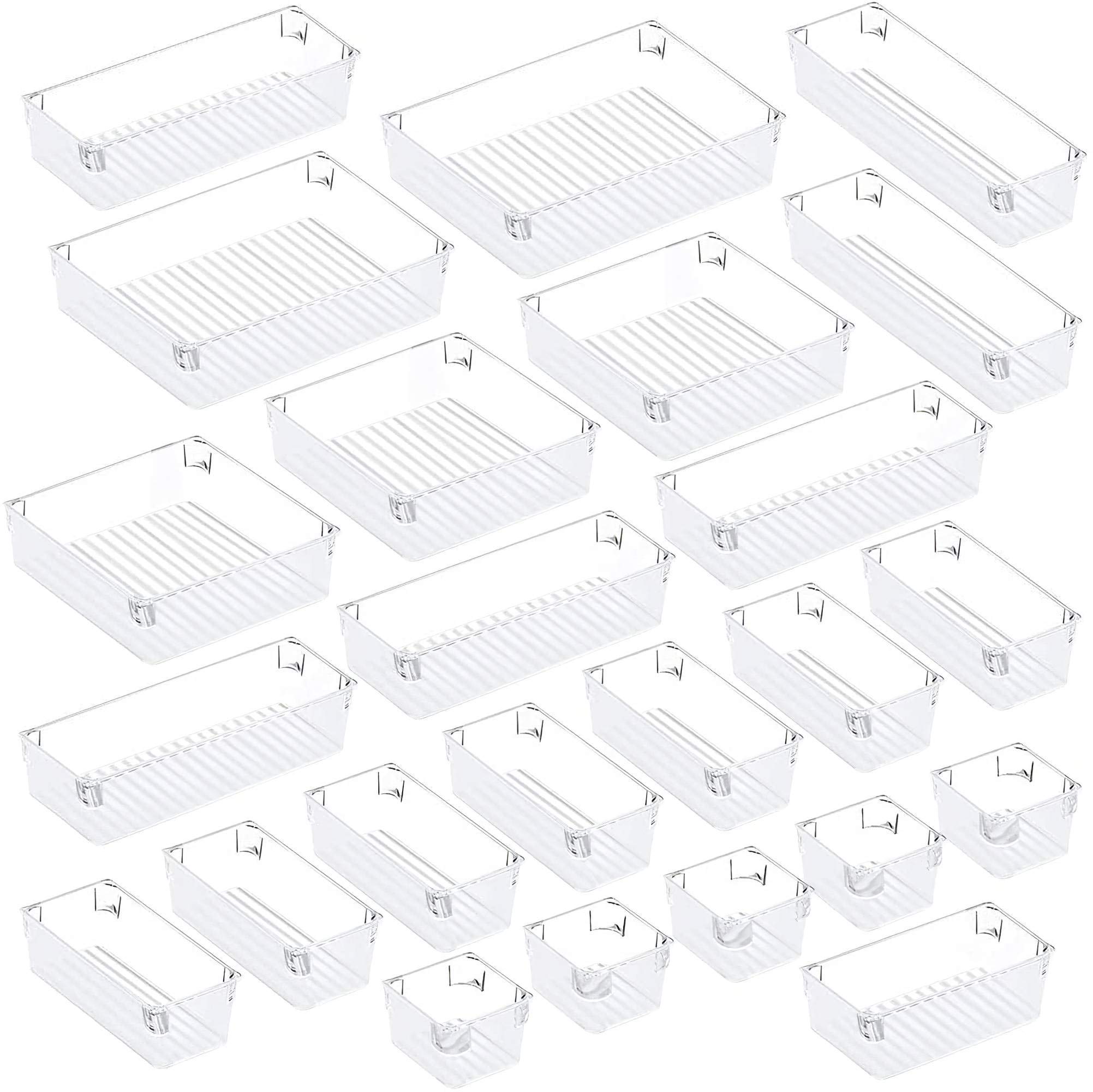 Puroma 24-Piece Clear Plastic Drawer Organizer Set - 5-Size Versatile Storage Bins & Trays for Desk, Vanity, Makeup & Kitchen - Customizable Layout Container (Clear) | Perfect for Home, Office & Bathroom Organization