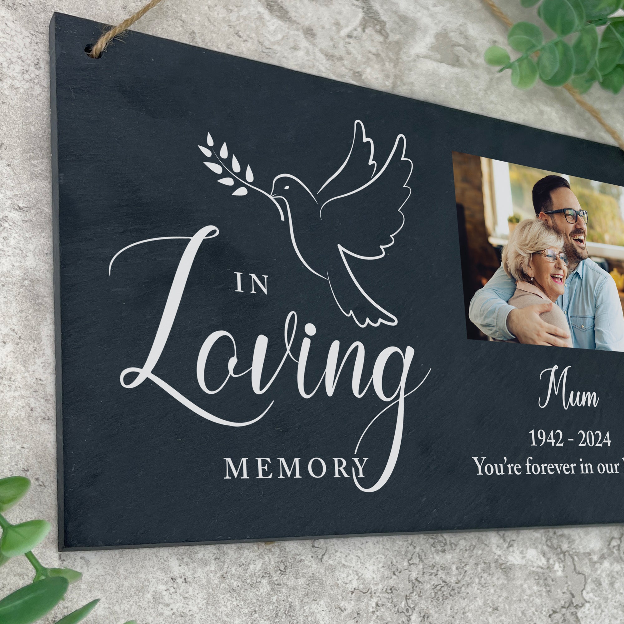 Personalized In Loving Memory Dove Photo Slate Hanging Plaque - 10x6 Inch Memorial Gift for Loss of Loved One - Perfect for Funeral, Graveside Decor & Sympathy Keepsake