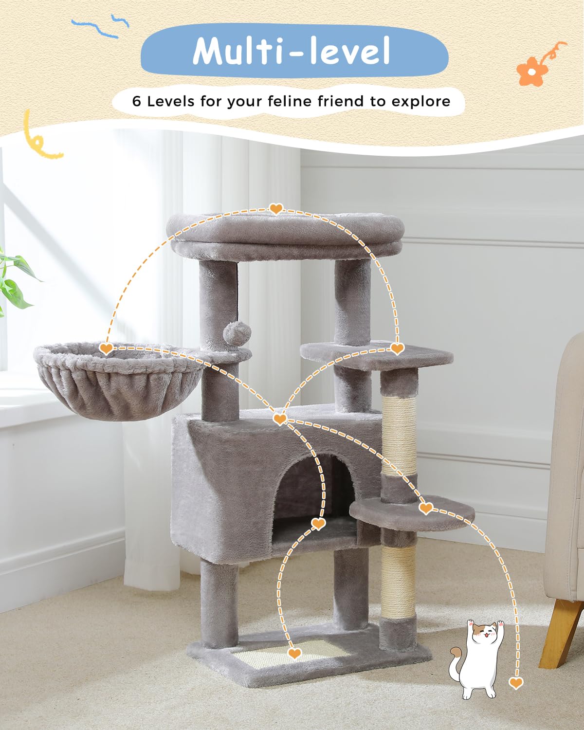 PEQULTI 34.6 Inch Cat Tree for Indoor Cats - Multi-Level Cat Tower with Large Hammock, Cozy Condo House & Scratching Post - Durable Cat Activity Tree with Removable Top Bed (Grey) - Perfect for Small Spaces & Playful Kittens