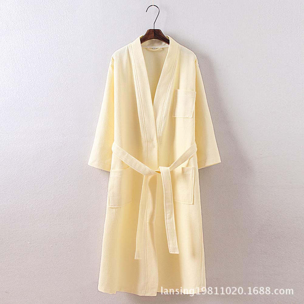 Unisex Cotton Waffle Bathrobe for Couples - Long Kimono Robe with Solid Color for Hotel, Spa & Sauna - Soft Loungewear & Home Relaxation - Yellow XL