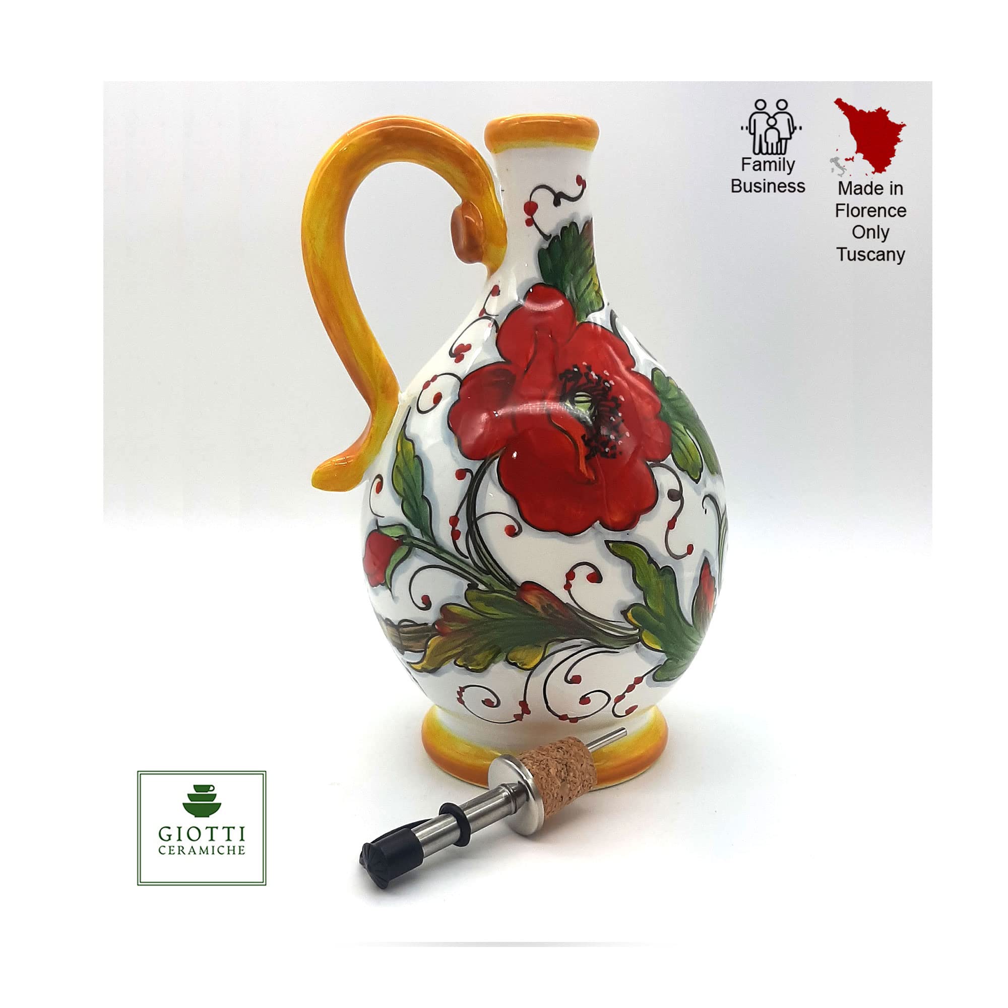Italian Hand-Painted Ceramic Olive Oil Dispenser Bottle XL (14 Oz) - Sunflower & Poppies Design - Tuscan Kitchen Decor - Perfect for Cooking, Salad Dressing & Gourmet Gifts - Made in Italy