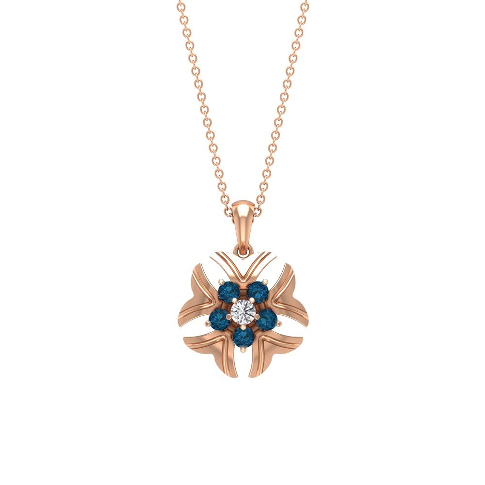 14K Solid Gold London Blue Topaz & Diamond Floral Pendant - December Birthstone Jewelry for Women, Elegant Necklace Gift for Anniversary, Birthday & Special Occasions