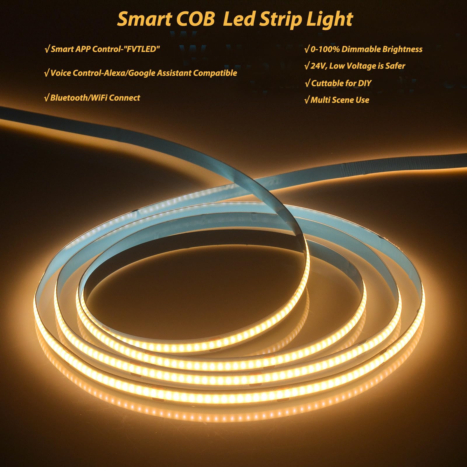 INDARUN 16.4FT COB LED Strip Lights 3000K Warm White - Dimmable 24V Smart LED Light Strip with APP Control, Works with Alexa & Google Assistant - Perfect for Bedroom Lighting, Home Decor, and Ambient Room Accent