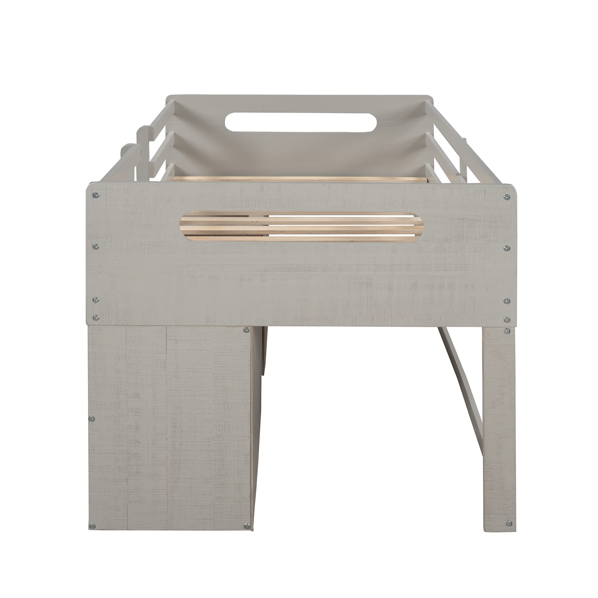 **Twin Size Low Loft Bed with Storage - Solid Wood Frame, Shelves & Drawers - Kids Bed with Ladder & Full-Length Guardrail - No Box Spring Needed (Antique Gray) - Perfect for Small Rooms, Dorms & Kids' Bedrooms**