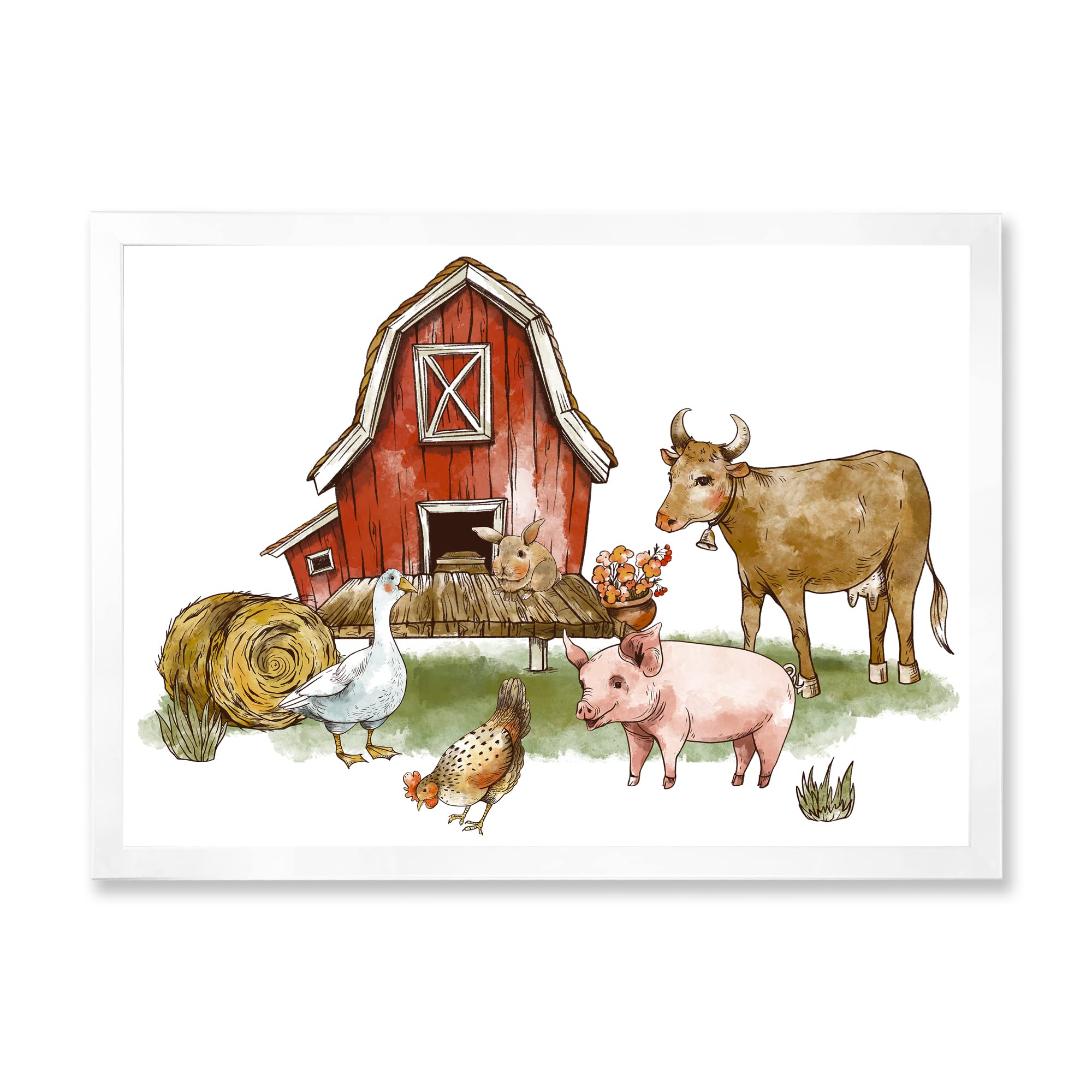 Farmhouse Rustic Framed Wall Art with Goose, Chicken, Cow & Pig - Country Kitchen Decor for Home, Office or Cabin
