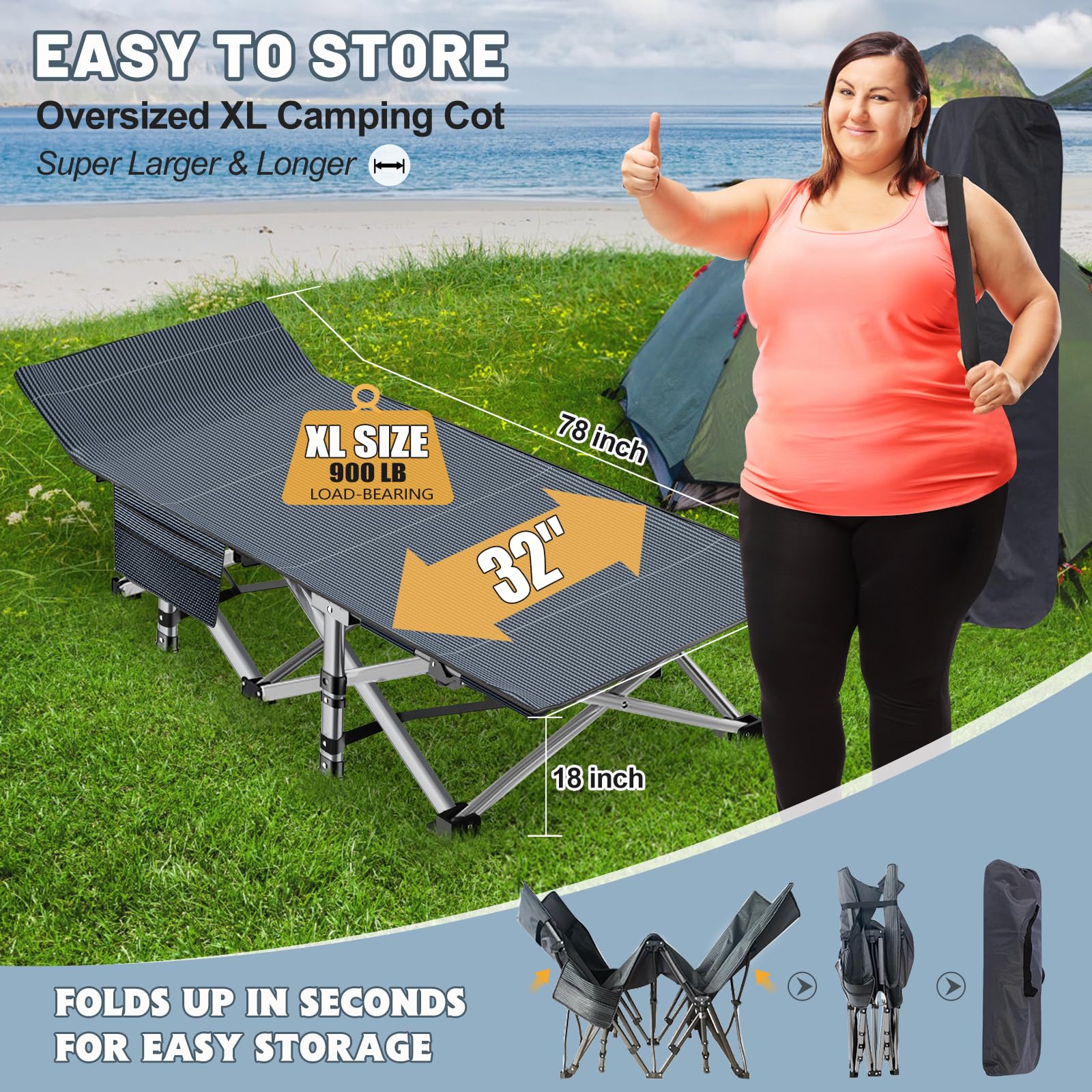 **SLSY XXL Folding Camping Cot for Adults - Portable Outdoor Sleeping Cot with Carry Bag - Perfect for Camping, Travel, Beach & Backyard Relaxation**